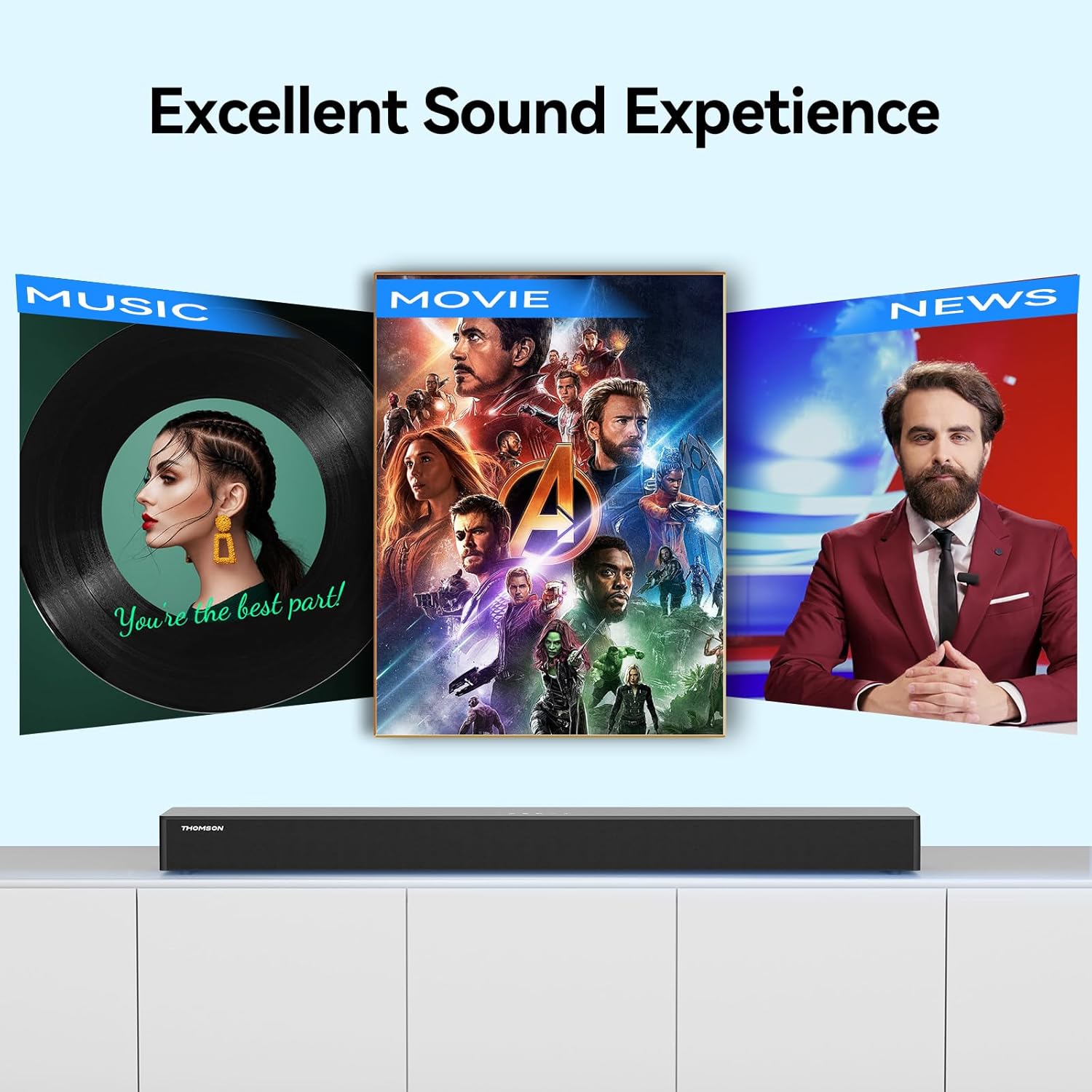 THOMSON Sound Bar displaying three equalizer modes: Music, Movie, and News, each with a representative image.