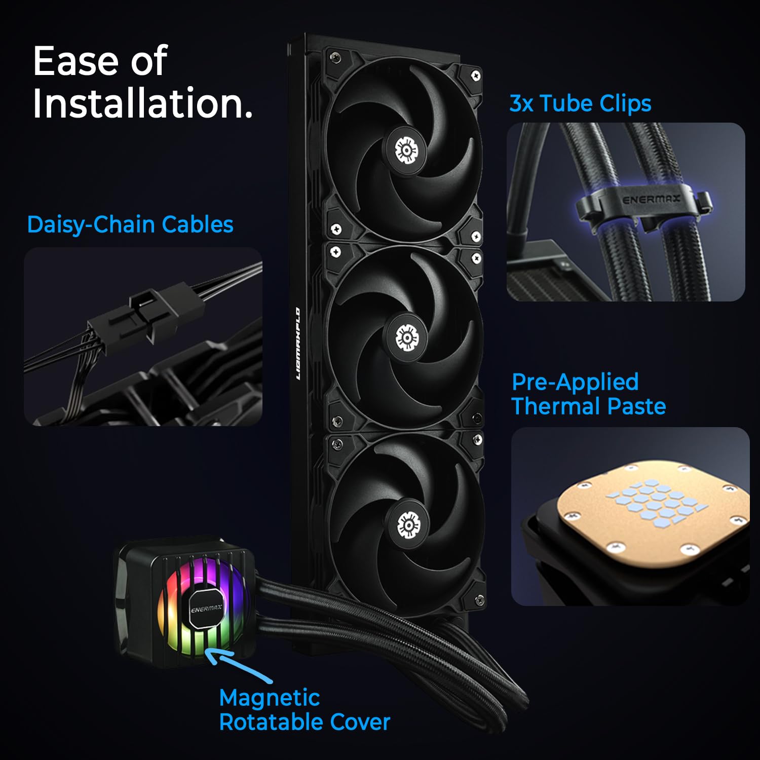 Ease of Installation - Daisy-Chain Cables, Tube Clips, Thermal Paste, Rotatable Cover