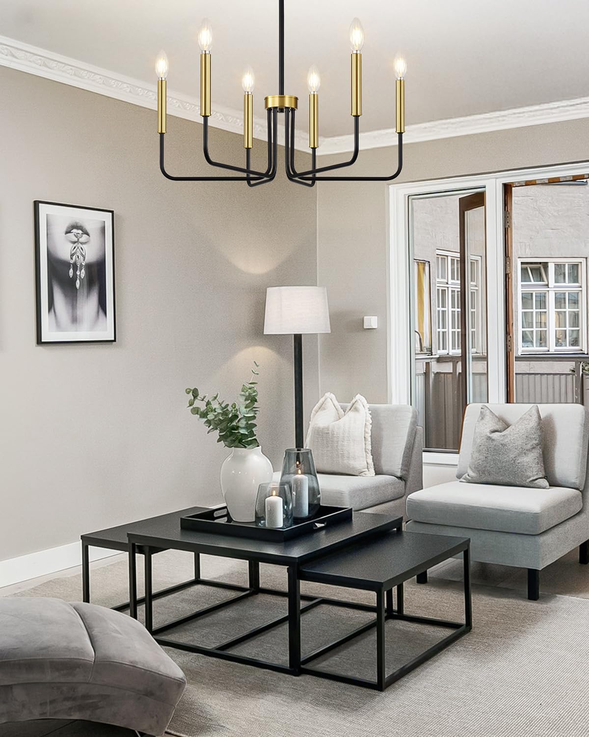 Yunnix Black and Gold Chandelier 6-Light Modern Pendant Hanging Light Fixture for Dining Room, Bedroom Pendant Ceiling, Foyer Entryway, Kitchen Island