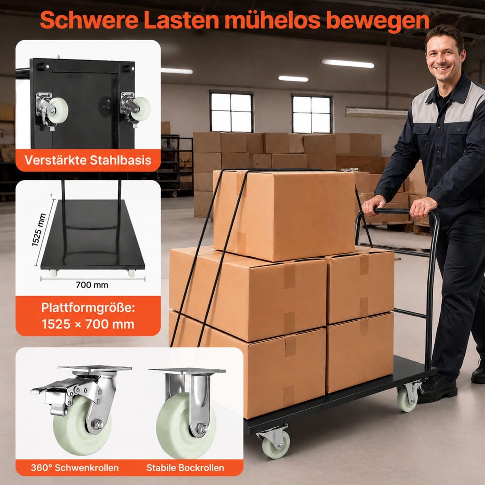 Klappbarer Plattformwagen aus legiertem Stahl, Tragfähigkeit 907 kg, mit Schwenkrädern und Griff, für Lager, Werkstatt, Fabrik und Gepäcktransport