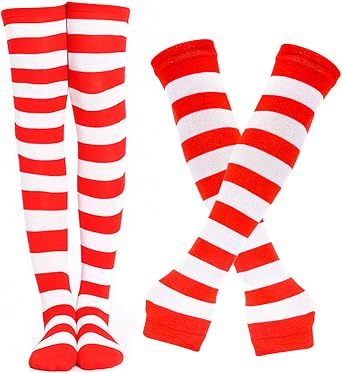 BigOtters Red and White Striped Knee Socks & Long Arm Warmer Gloves