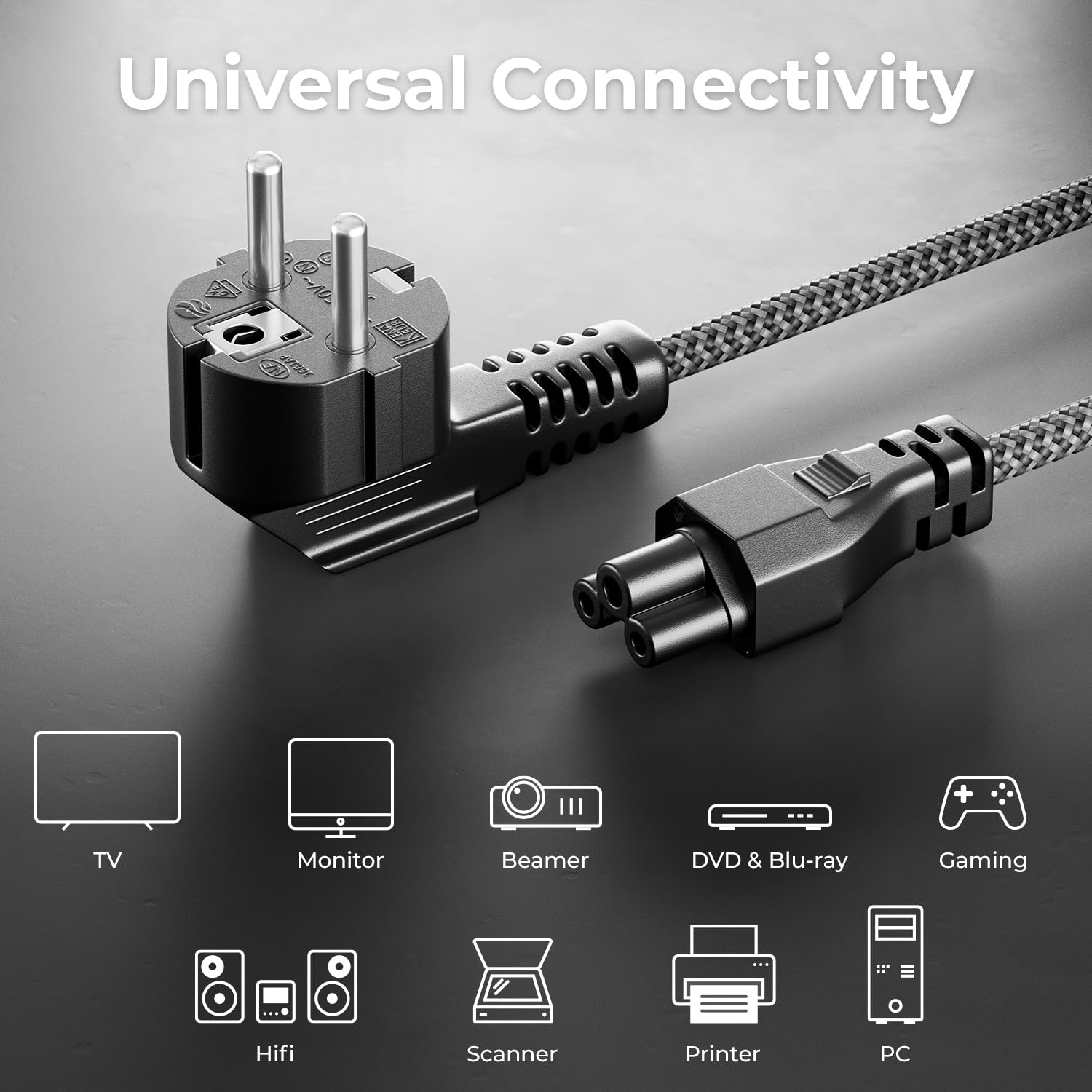 deleyCON 2m Kabel Zasilający - Typ F na C5 („Koniczynka”) - Nylonowy - Wtyk ze Stykiem Ochronnym Pod Kątem 90° - 2,5A - do Laptopów, Notebooków, Zasilaczy, TV, Monitorów - Szary