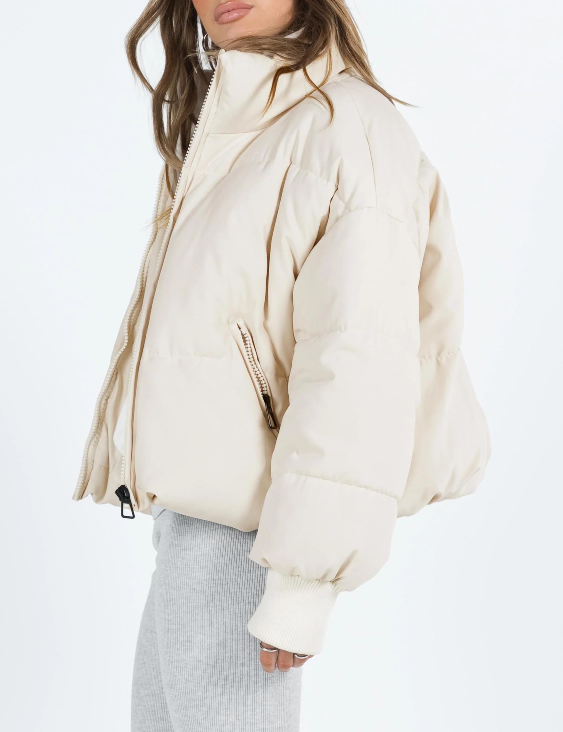 UANEO Puffer Jacket Womens Oversized Cropped Puffy Quilted Winter Jackets Coat: Beige Medium