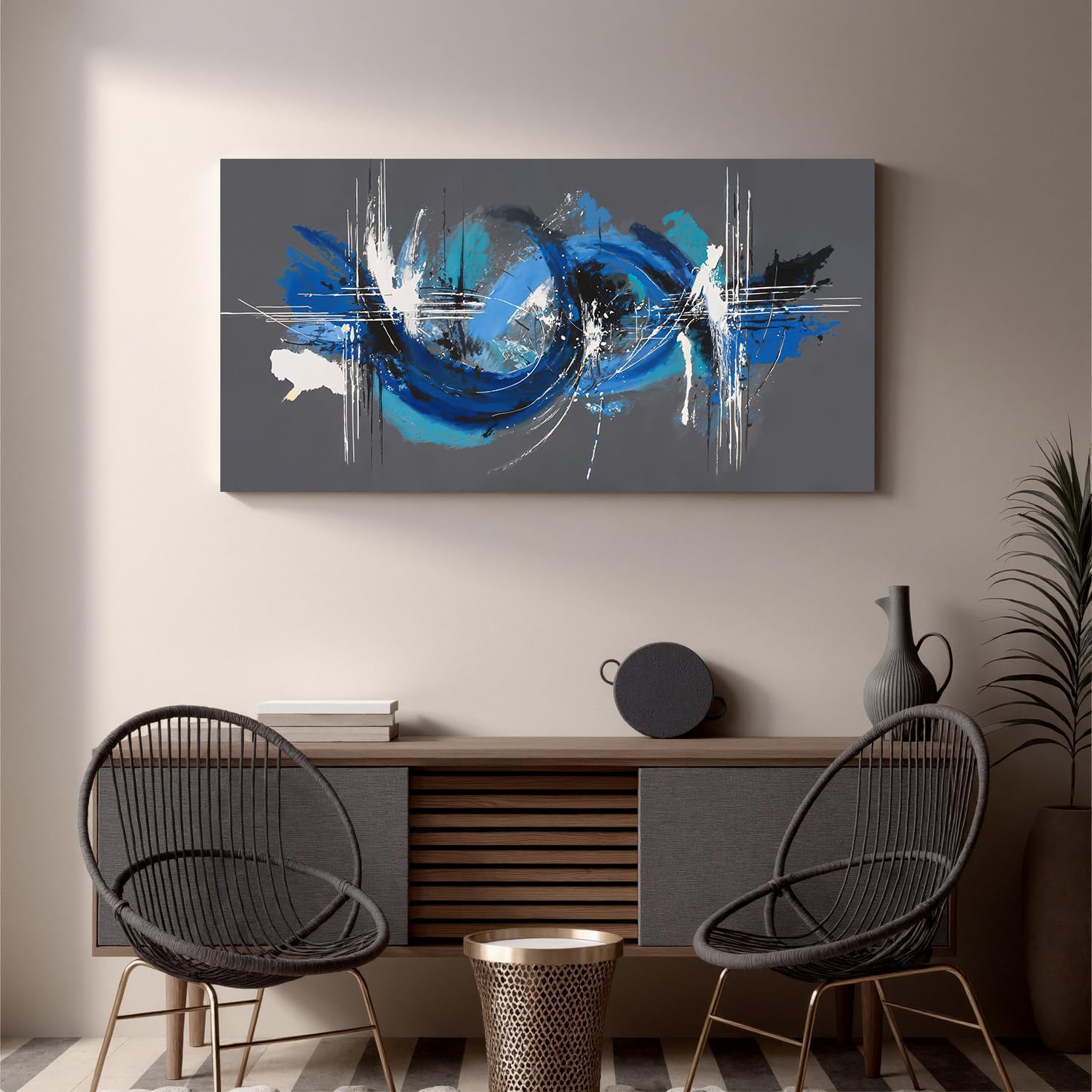 Blue Gray Swirl Canvas Abstract Wall Art Decor For Living Room 20"×40" image 4