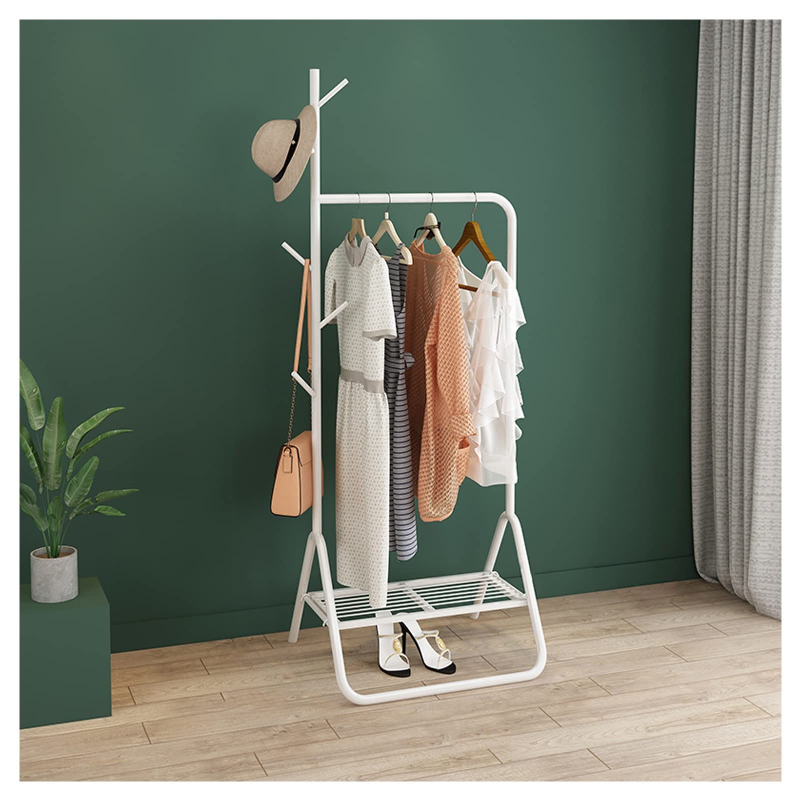 Porte-vêtements métal blanc avec étagère basse de rangement