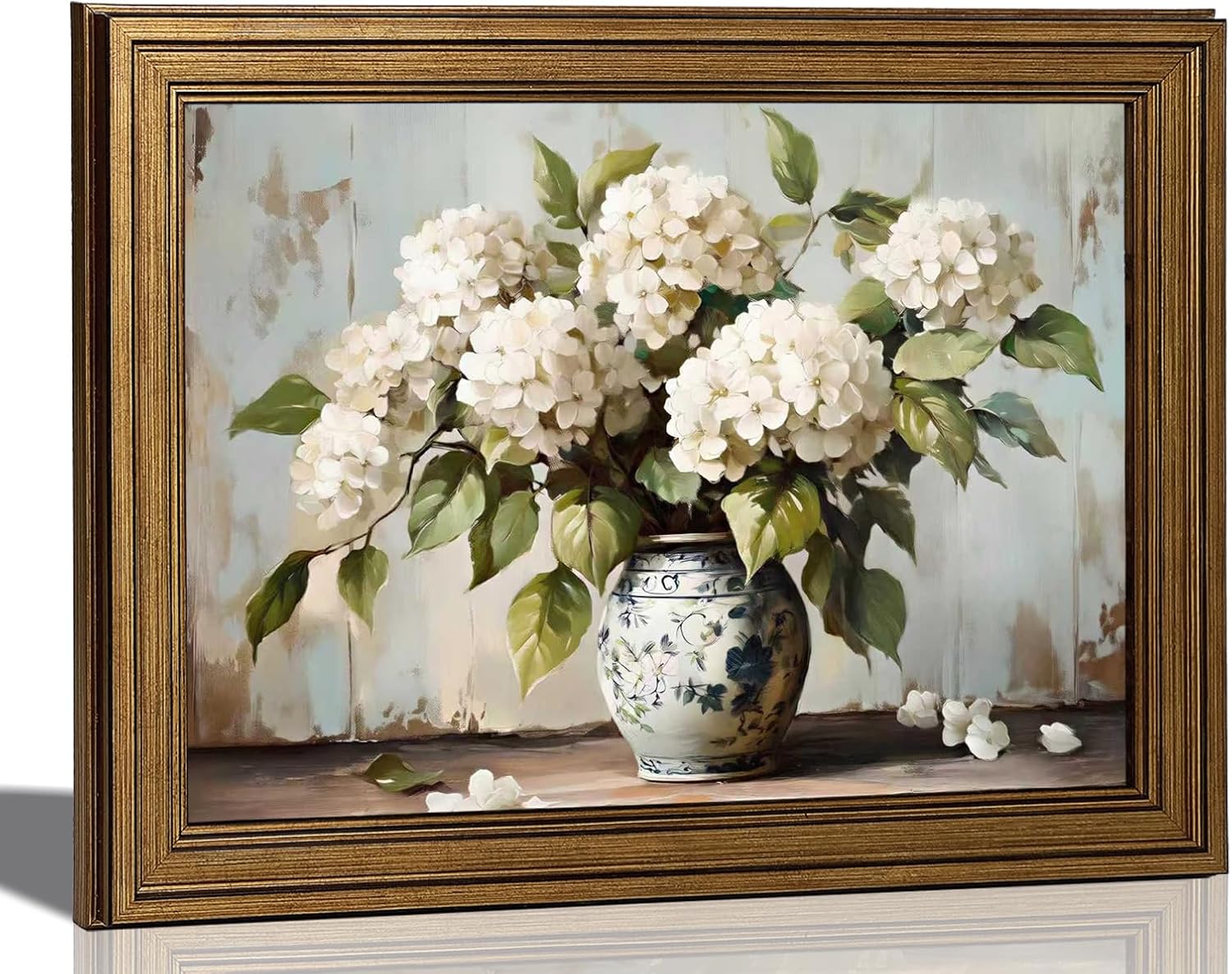 Gold Framed Vintage White Hydrangea Canvas Wall Art Rustic Farmhouse Floral Picture Wall Decor Blue and White Vase Poster Print for Bedroom Living Room Office Home Decoration 12x16in