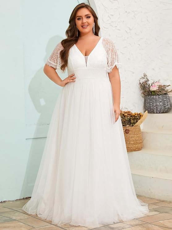 Ever-Pretty Plus Women's Lace V Neck A Line Short Sleeves Long Simple Bridal Gown Plus Size Wedding Dress for Bride