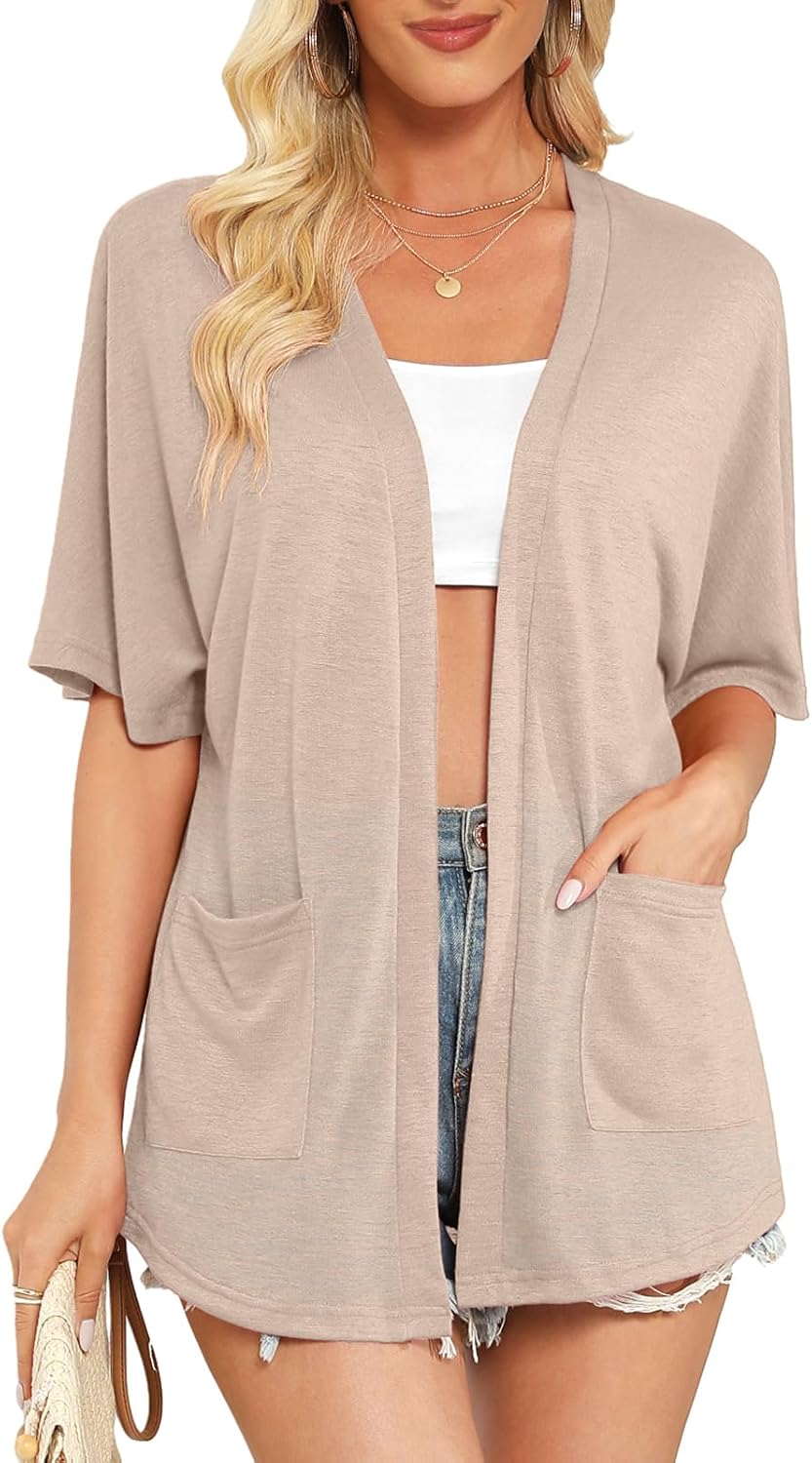 Veryoung Women's Short Sleeve Open Front Cardigan Lightweight Summer Thin Cardigans with Pockets Casual Loose Cover Up Tops