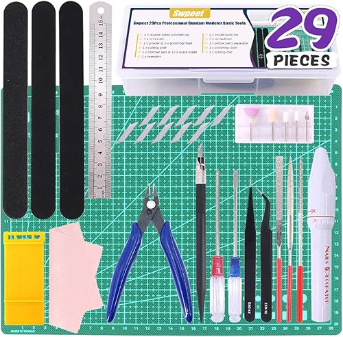 Swpeet 29 piezas compatibles con Gundam Modeler Herramientas básicas con contenedor de plástico de servicio, kit profesional de repuesto para