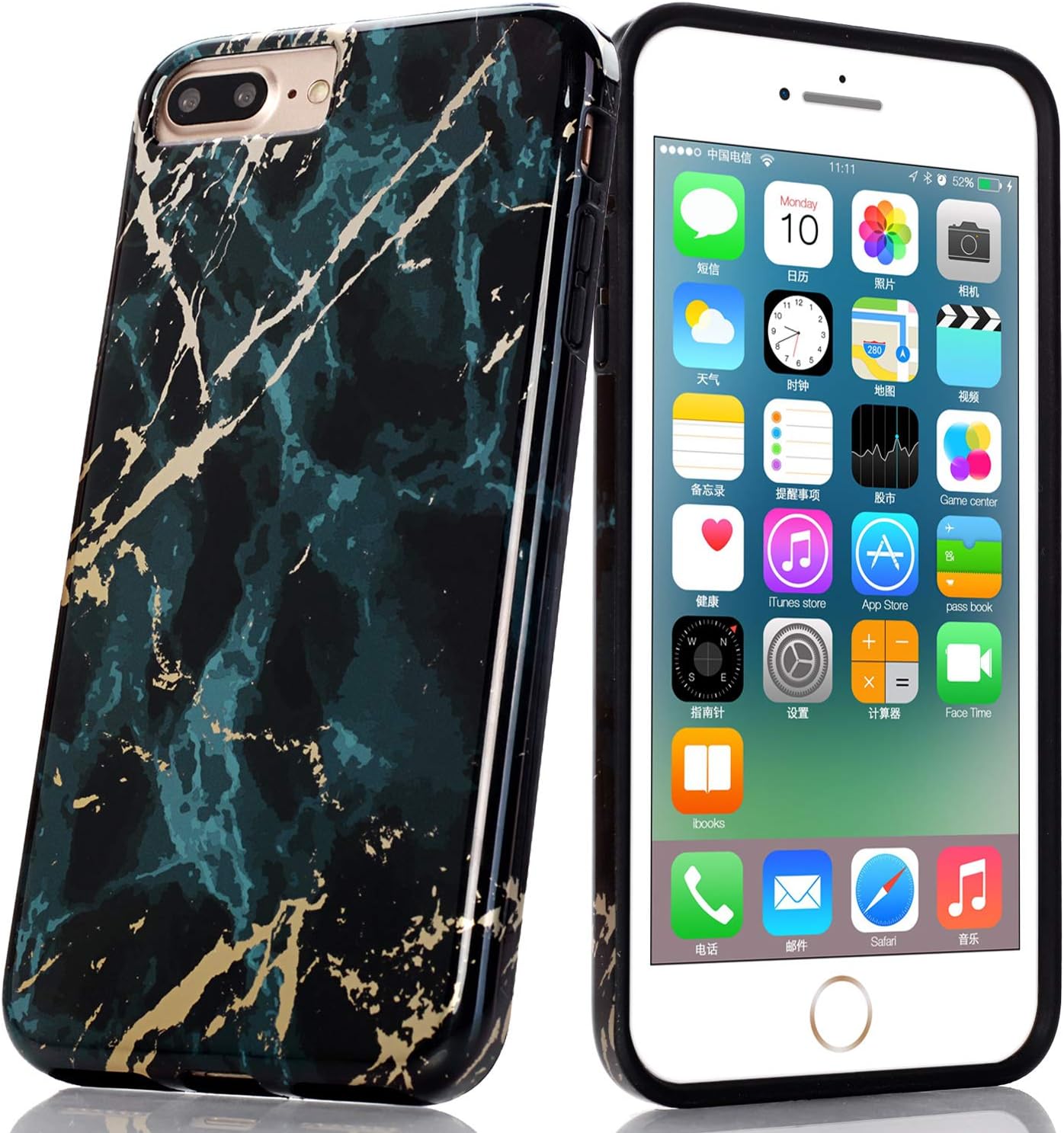 BAISRKE Shiny Rose Gold Marble Design Clear Bumper Glossy TPU Soft Rubber Silicone Cover Phone Case Compatible with iPhone 7 Plus iPhone 8 Plus (Green)