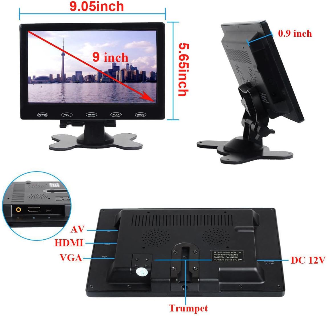 Free Shipping 🛒 PONPY 9 Ultra Thin 16:9 HD 800x480 TFT LCD Color Display Touch Button Monitor Screen with AV HDMI VGA Video Input for Raspberry Pi 3B+/Mini PC Display/Home Security/CCTV Camera