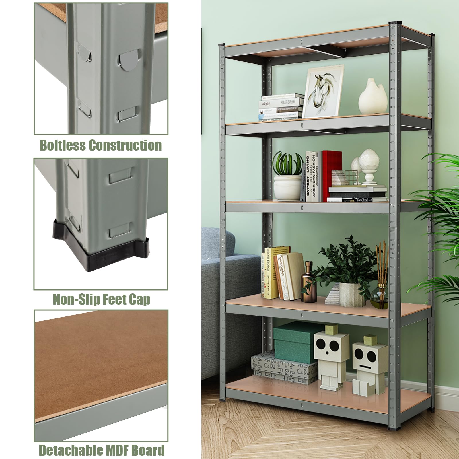 HOMASIS Estantería de metal para garaje con 5 estantes ajustables, ahorra espacio, estantes modulares para garaje, trastero, almacén, carga hasta 875 kg, 90 x 45 x 185,5 cm (gris)