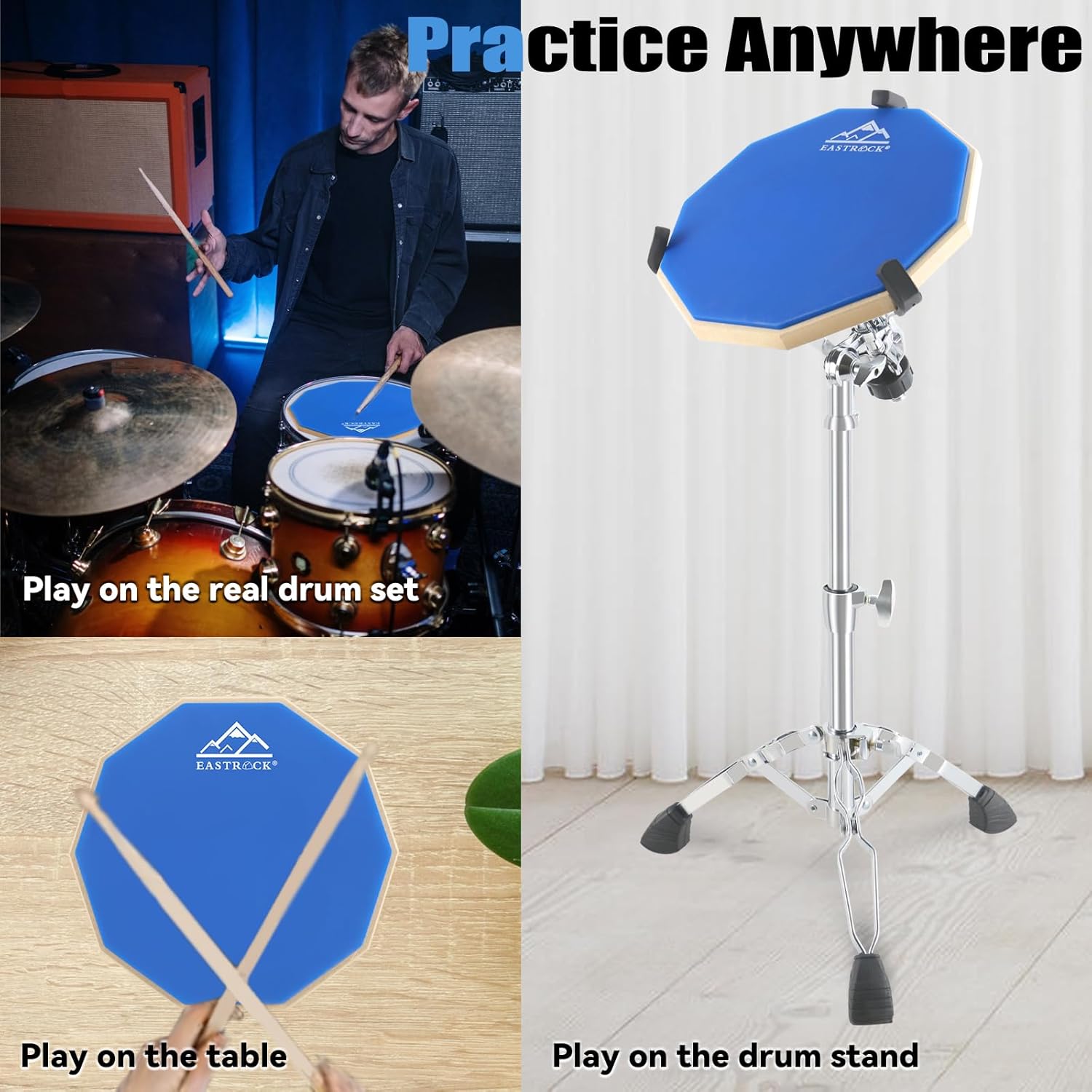 EASTROCK Practice Drum Pad Stand Bundles, 12 Inches Double Sided Silent Silicone Drum Pad, Silicone Dumb Drum with Drum Stand, Drumsticks and Storage Bag for Beginners,blue