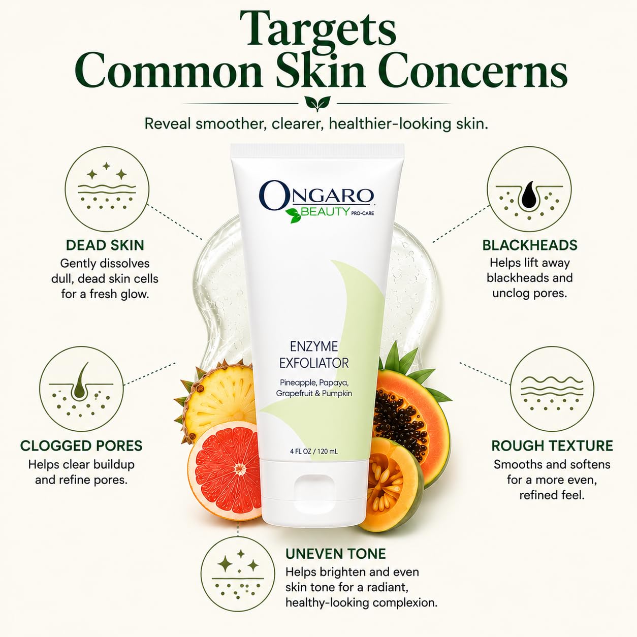 Ongaro Beauty ekologiczny peeling enzymatyczny; delikatnie usuwa obumarły naskórek, najlepszy środek do czyszczenia skóry twarzy zapobiegający starzeniu się skóry z technologią probiotyczną, aloes, komórki macierzyste jabłka i peptydy; 4 oz