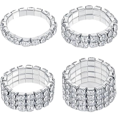 4 Pcs Rhinestone Stretch Rings, Stackable Stretchy Rings for Women, Sparkling Crystal Ring Silver Diamond Ring for Party Prom Wedding Jewelry Valentine's Day Gift Accessories