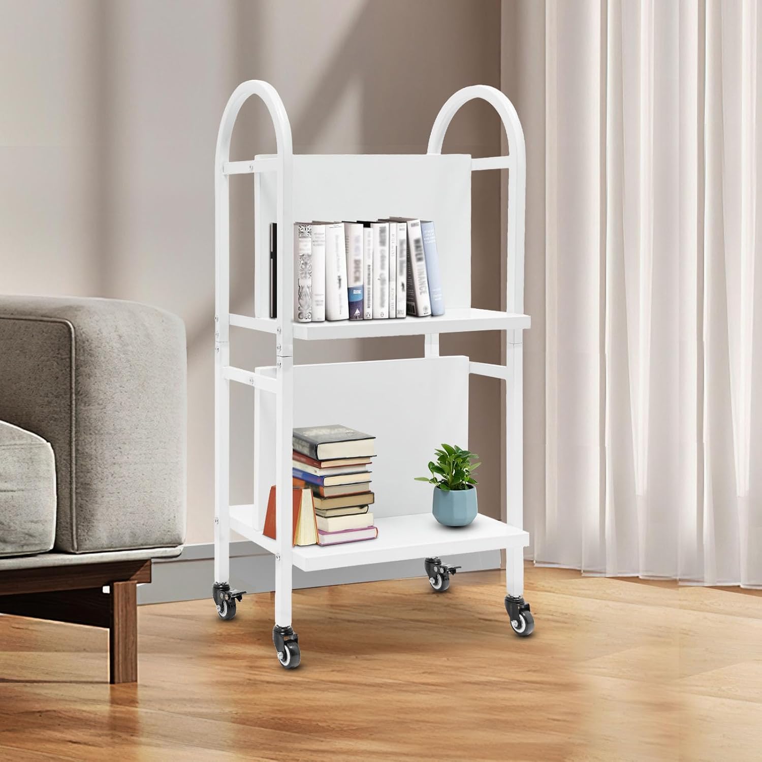 Rolling Library Book Cart, 2 Tier Office Book Cart Heavy Duty Steel Book Shelf with Wheels 34" Tall Rolling Bookcase for Home Office School