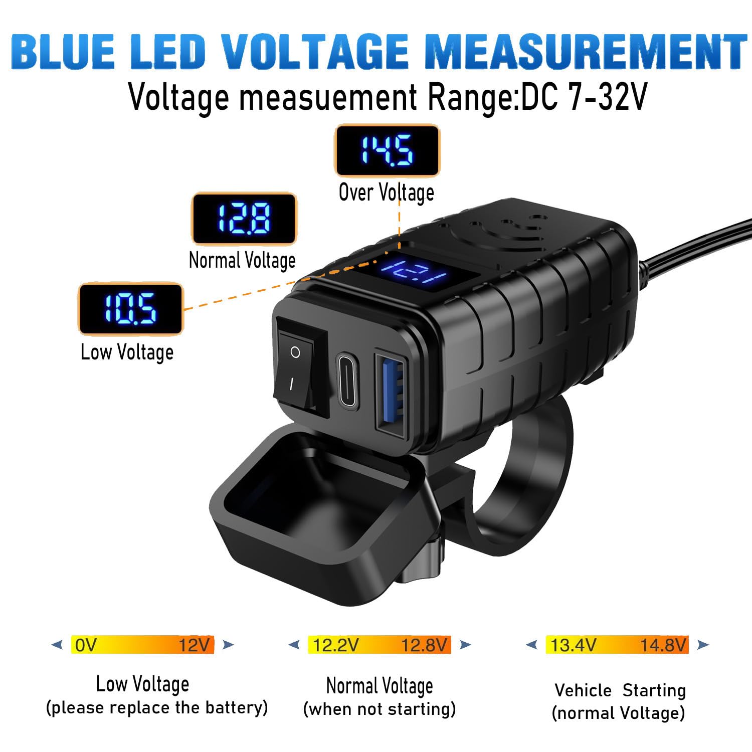 Motorrad USB Ladegerät für Honda Goldwing GL1800 Goldwing GL 1800, 30W PD und 18W QC3.0, mit Schalter und LED Spannungsmesser, 12V/24V, Wasserdicht Zubehör,Red