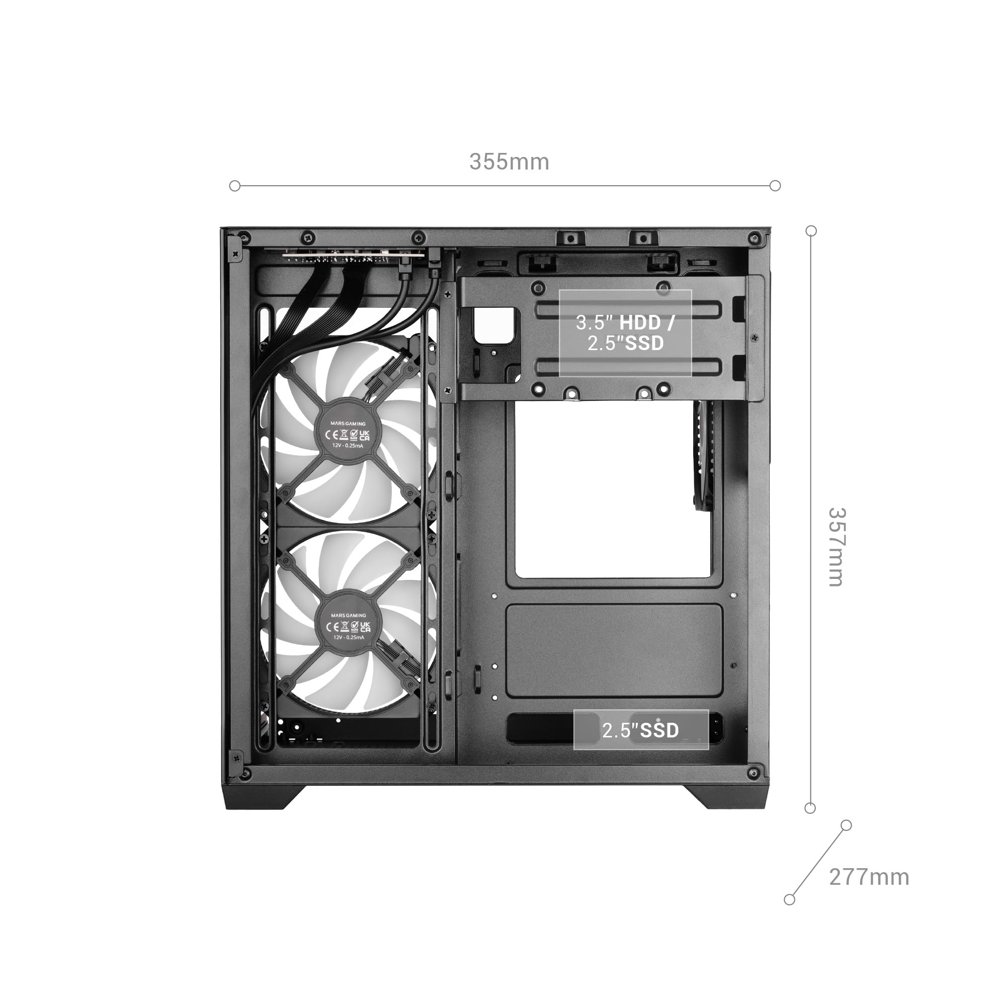 Mars Gaming MC-VIEW3, Caja PC MicroATX, Cristal Templado Panorámico, 3X Ventiladores ARGB 120mm, Doble Cámara, Soporte Refrigeraciones Líquidas hasta 240mm, Minitorre Compacta con USB-C, Negro