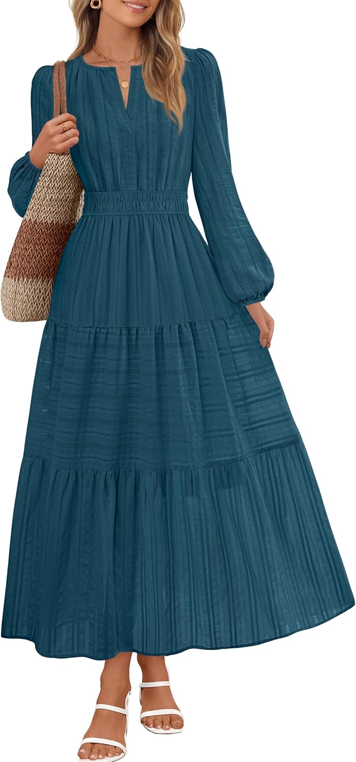 MEROKEETY Spring Summer Midi Dresses for Women 2026 Fall Casual Vacation Long Sleeve V Neck Tiered Cotton Maxi Dress Pockets