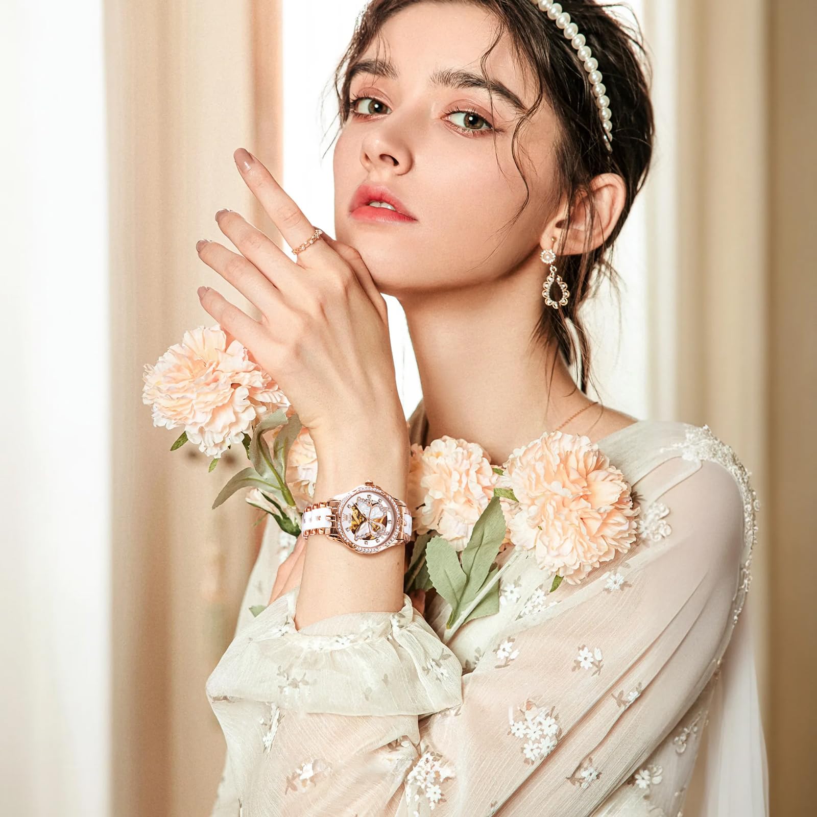 OLEVS Automatic Watches for Women White Face Self Winding Watch Women Rose Gold Dress Mechanical Women's Watch Wrist Ceramic Waterproof Ladies Watches for Woman Diamond Reloj para Mujer