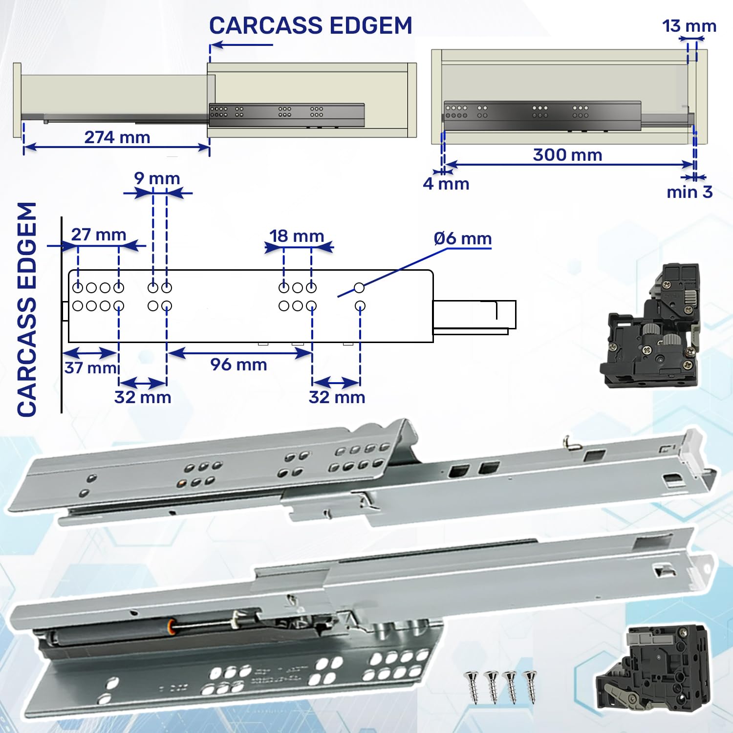 1 Pair Telescopic Drawer Runners 300 mm with Full Extension of 274 mm - Image 2