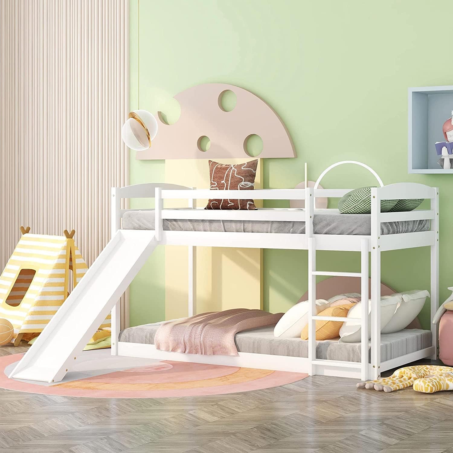 Harper & Bright Designs Bunk Beds Twin Over Twin,Wooden Bunk Bed with Slide, Low Bunk Bed for Kids with Ladder, Floor Bunk Bed for Toddler Girls Boys,White