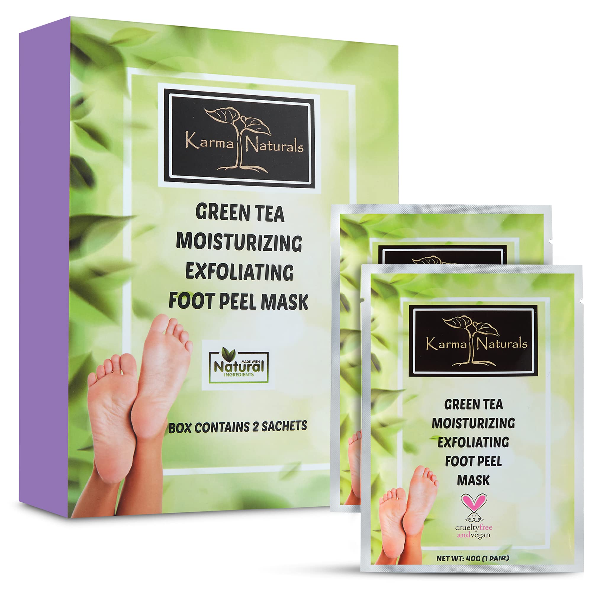 Foot Peel Mask Green Tea Moisturizing Exfoliating Foot Masks - Karma Organic Feet Peeling Masks for Dry ed Feet, Remove Dead Skin & Calluses - Removes & Repairs Rough Heels, Dry Toe Skin (Pack of 2)