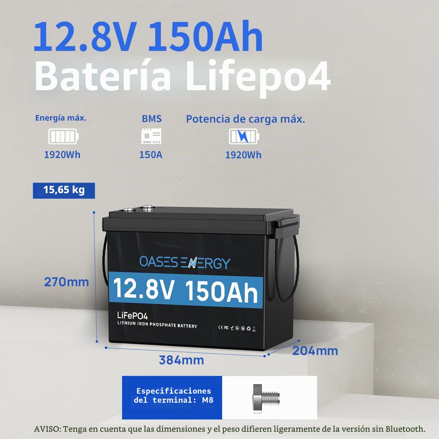 LiFePO4 12 V 150 Ah Batería de litio con BMS de 100 A y 4000~15000 ciclos, 10 años de vida útil, 1920 Wh 12 V LiFePO4 batería para autocaravana, kit de paneles solares, energía de respaldo