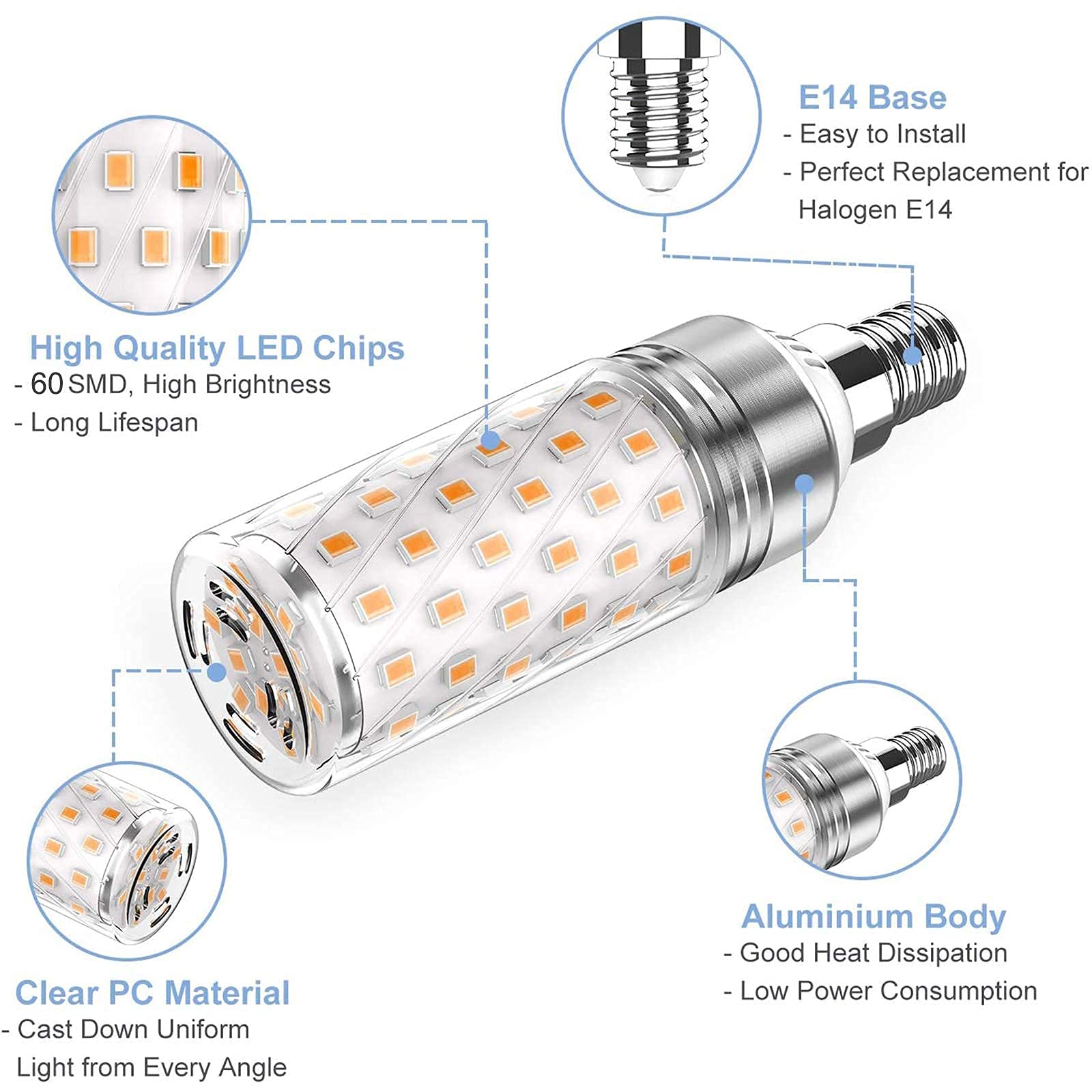 Confezione da 5 lampadine a LED E14 12W 3000K/6000K AC 110V-120V/220V-240V Lampadine LED a Vite Piccola Lampadine E14 120w equivalenti (Bianco Caldo 110V~120V) (Bianco Freddo 220V~240V)