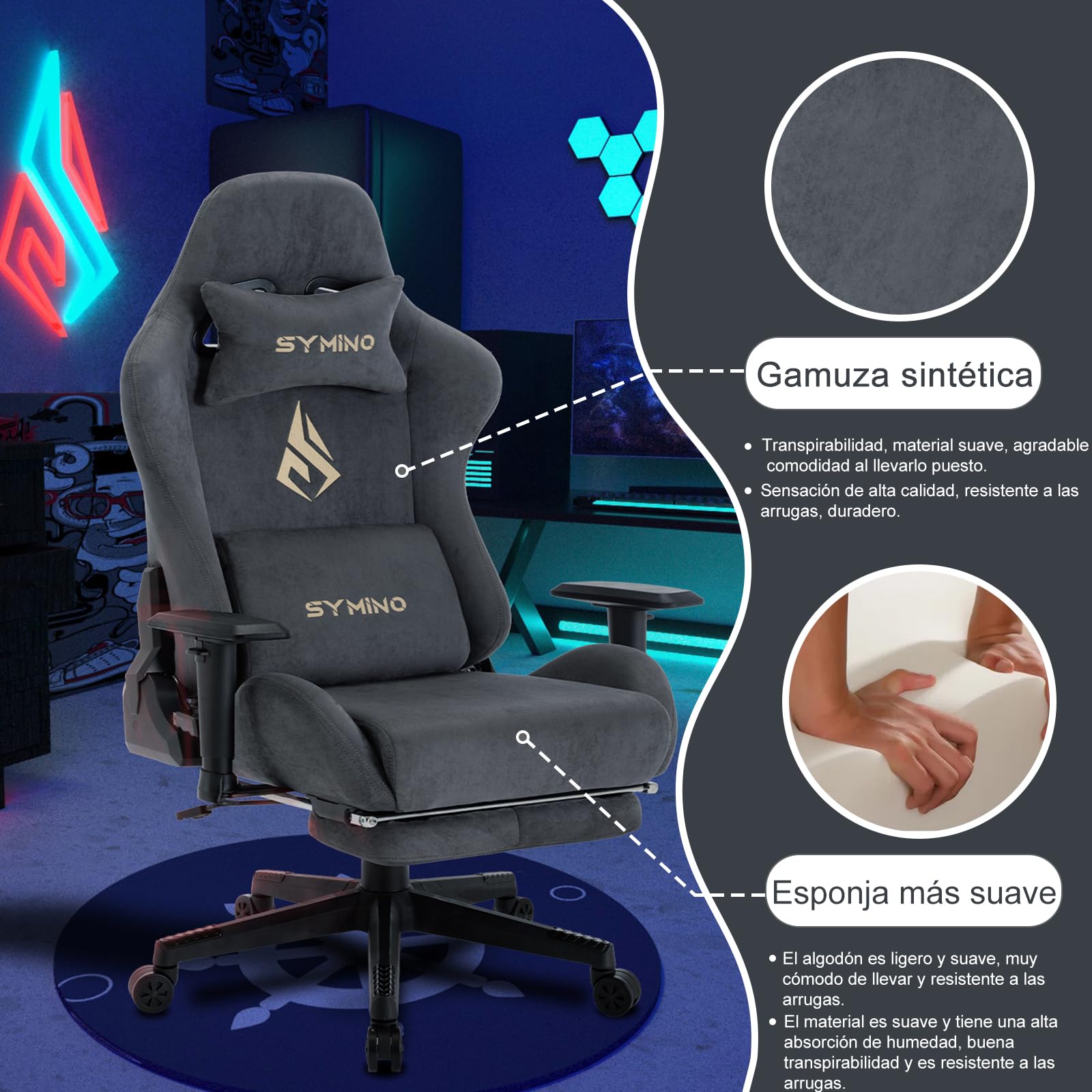 Symino Silla Gaming Ergonómica Reclinable con Reposapiés Ajustable, Soporte Lumbar y Reposacabezas Regulable, Altura Ajustable para Adultos hasta 200kg (Gamuza Artificial,Grey)