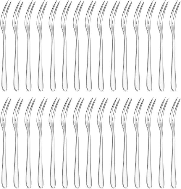DBAILY Stainless Steel Fruit Forks, 30pcs Mini Elegant Dessert Pastry Appetizer Forks Set Fine Polishing Small Two Prong Cake Fork for Home Restaurant Buffet (Silver) 13cm