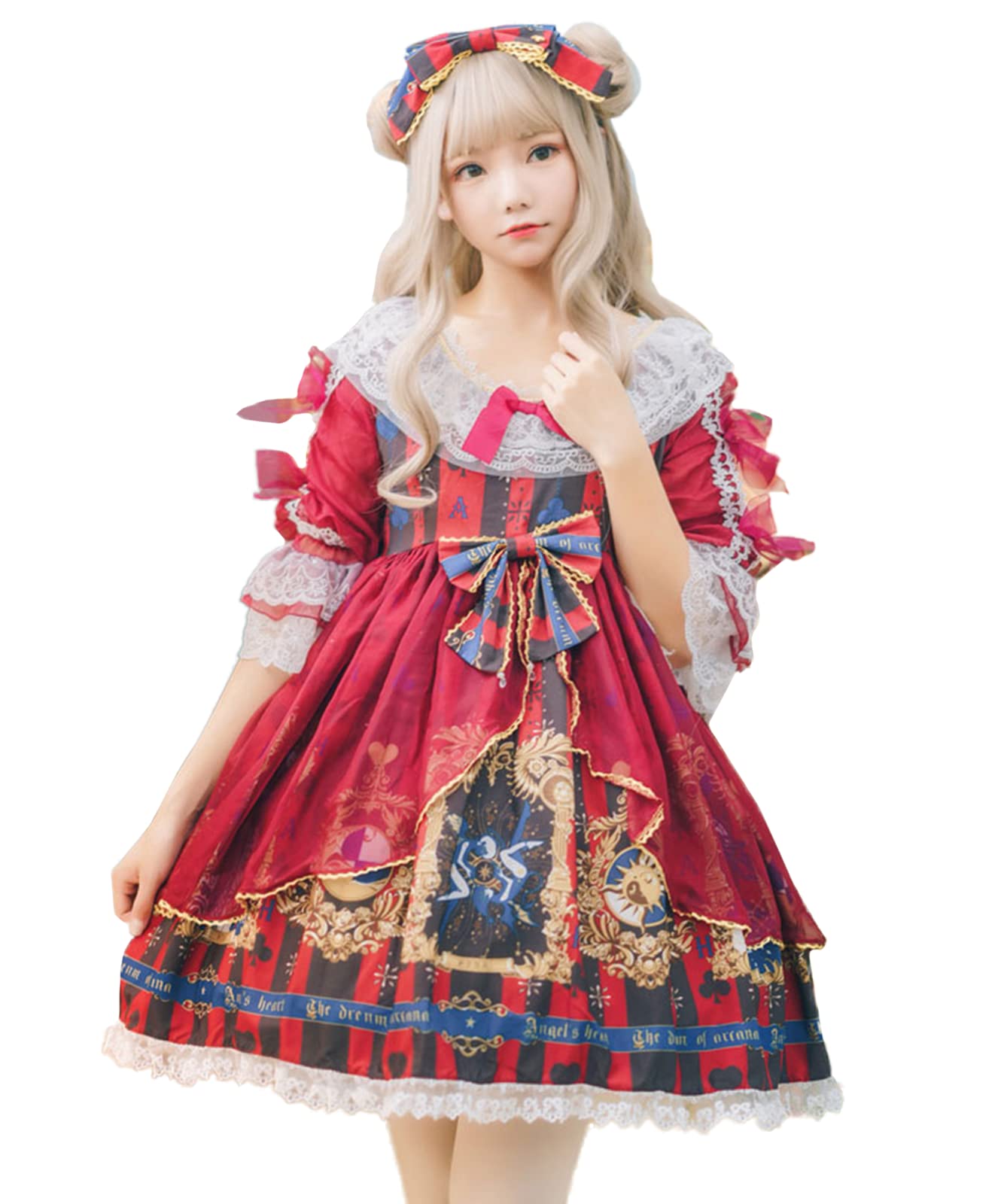 [milky time] ゴスロリ ワンピース 貴族お嬢様風 Aライン ロリータ 甘ロリ 半袖 カチューシャセット コスプレ コスチューム レディース  (レッド, M)
