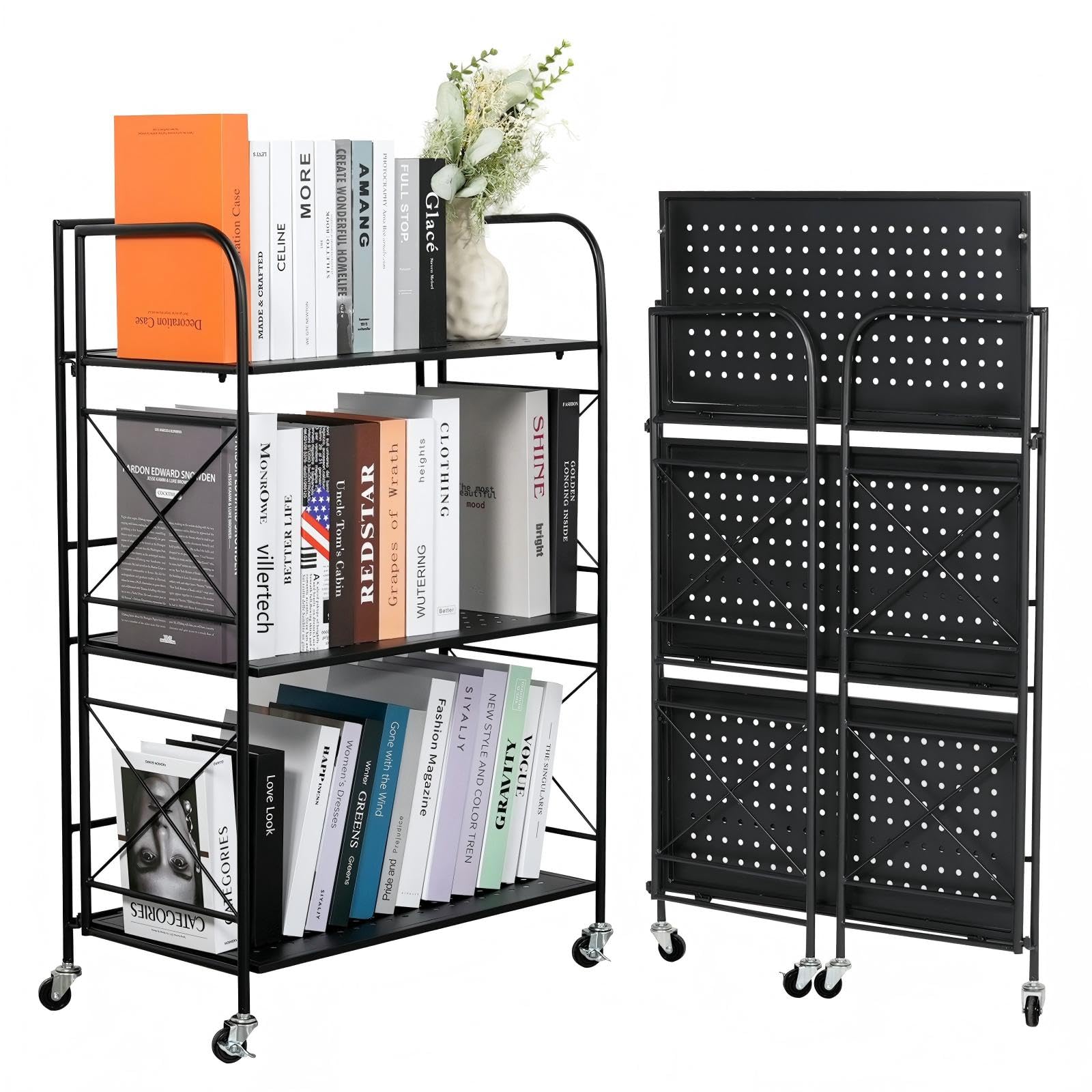villertech Foldable 3-Tier Metal Shelf with Wheels - Folding Bookshelf Unit for Living Room, Kitchen, Study 12.6" D x 23.6" W x 33.8" H, Matte Black