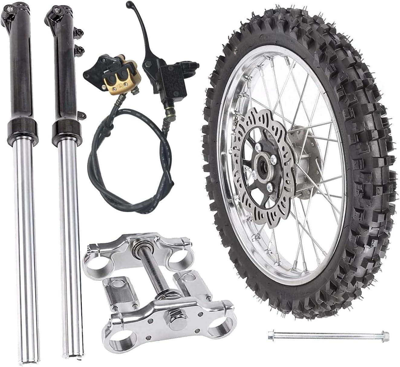 60/100-14 Front Wheel Rim Tire with 12mm Axle, 630mm Front Forks, 33mm Triple Clamp Handlebar Riser, Disc Brake & Brake Caliper Assembly for Dirt Pit Bike SSR Coolster Apollo 50/70/90/110/125/140cc