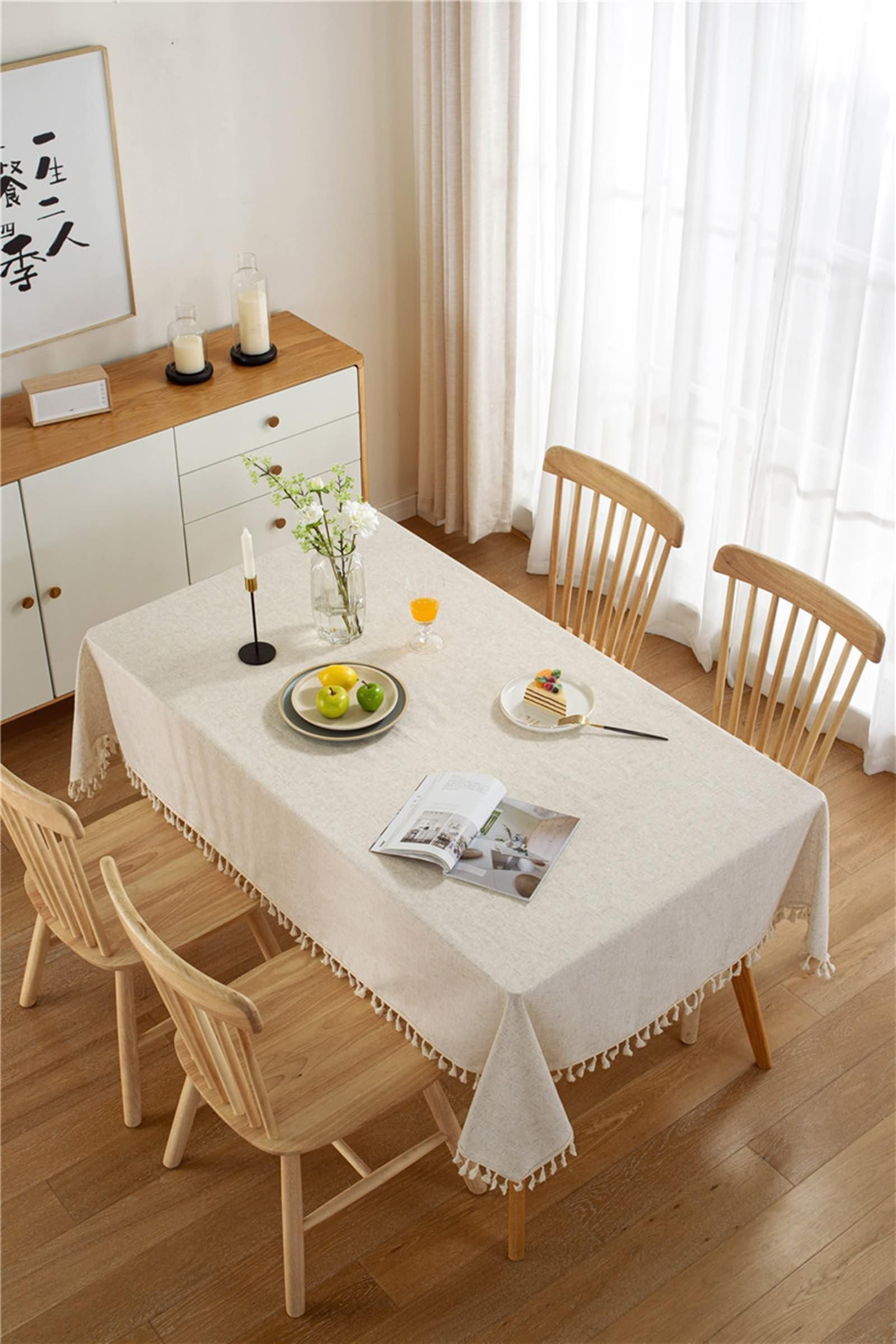 Tovaglia rettangolare 140 x 200 cm, lavabile, in poliestere e lino, tinta unita, con nappe, perfetta per cucina, sala da pranzo, Thanng, decorazione natalizia