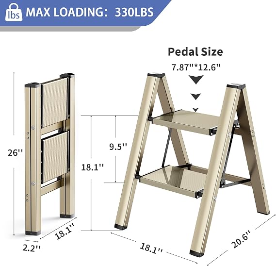 2 Step Ladder Folding Step Stools, Aluminum Ladder with Anti-Slip Sturdy and Wide Pedal, Portable Gold Step Stool for Adults, Lightweight Small Step Ladders for Home Bedroom Kitchen, 330 lbs, Gold