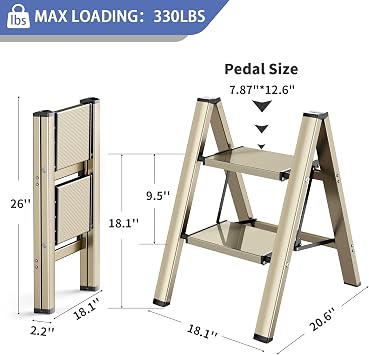 2 Step Ladder Folding Step Stools, Aluminum Ladder with Anti-Slip Sturdy and Wide Pedal, Portable Gold Step Stool for Adults, Lightweight Small Step Ladders for Home Bedroom Kitchen, 330 lbs, Gold