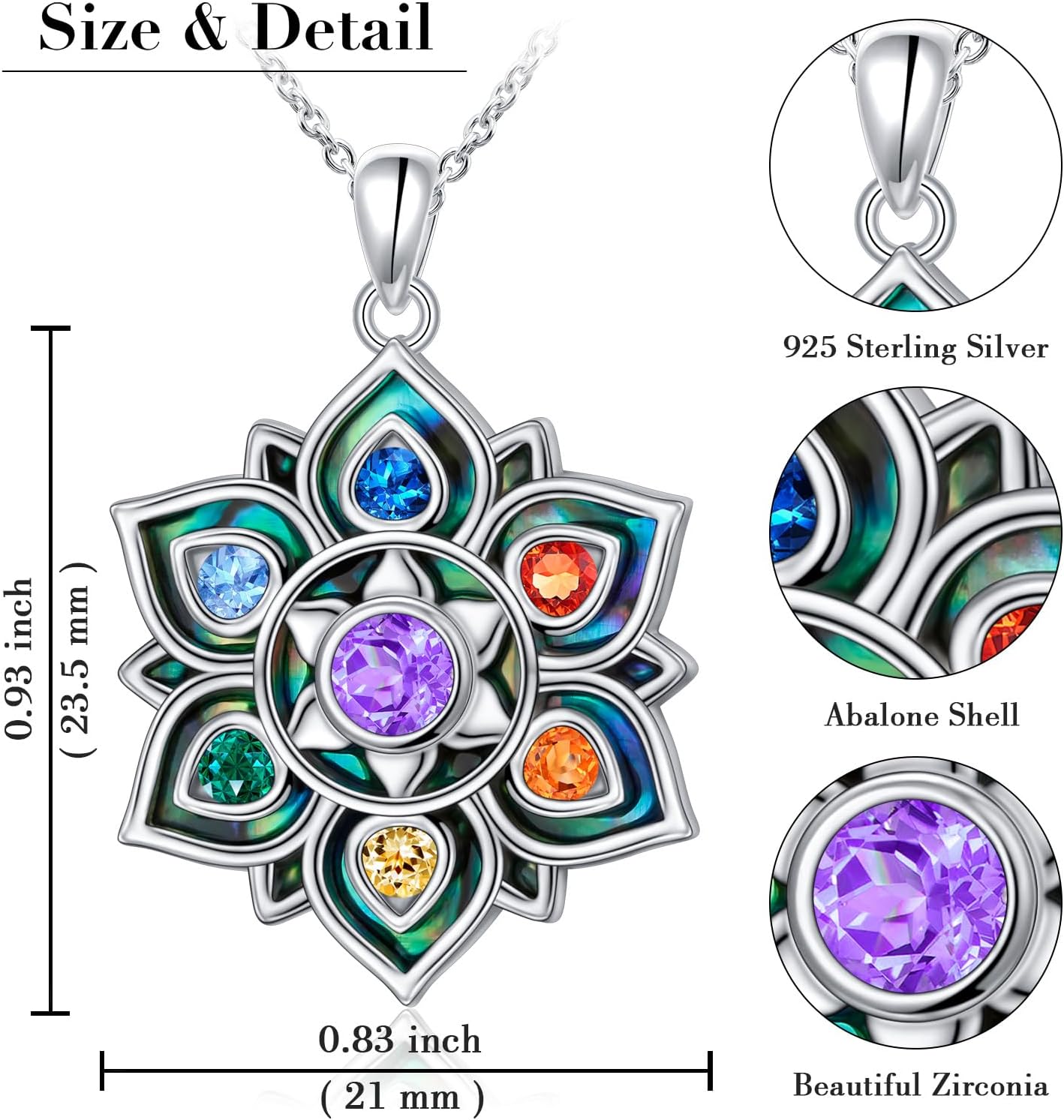 FLYOW 7 Chakra Necklace 925 Sterling Silver Lotus Flower Rainbow Stones Yoga Chakra Energy Balance Pendant Jewelry Christmas Gifts for Women Spiritual Healing - Image 5