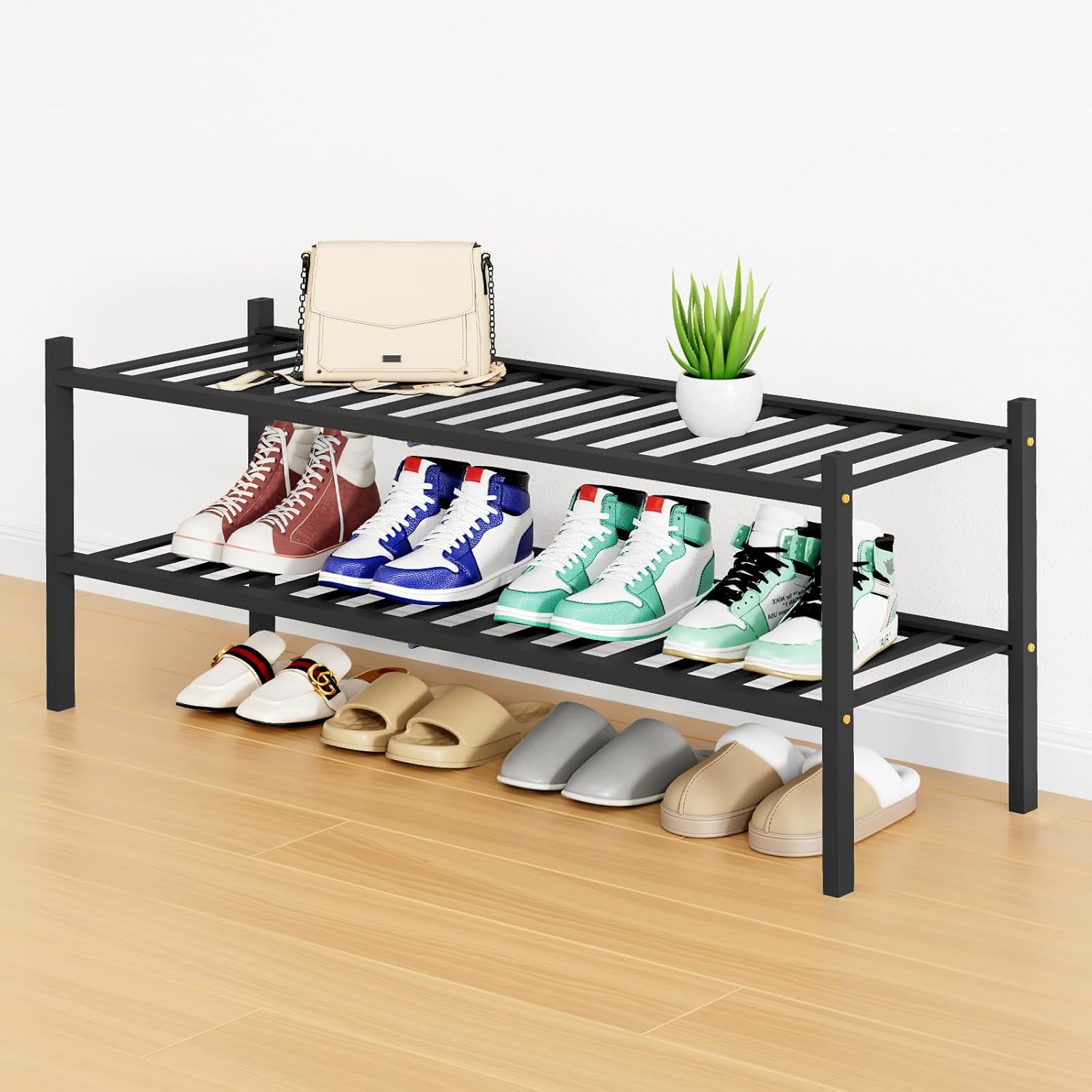 Smiry Shoe Rack, 2 Tier Long Bamboo Shoe Organizer, Stackable Free Standing Wooden Shoe Storage Shelf for Closet, Entryway, Front Door Entrance, Black