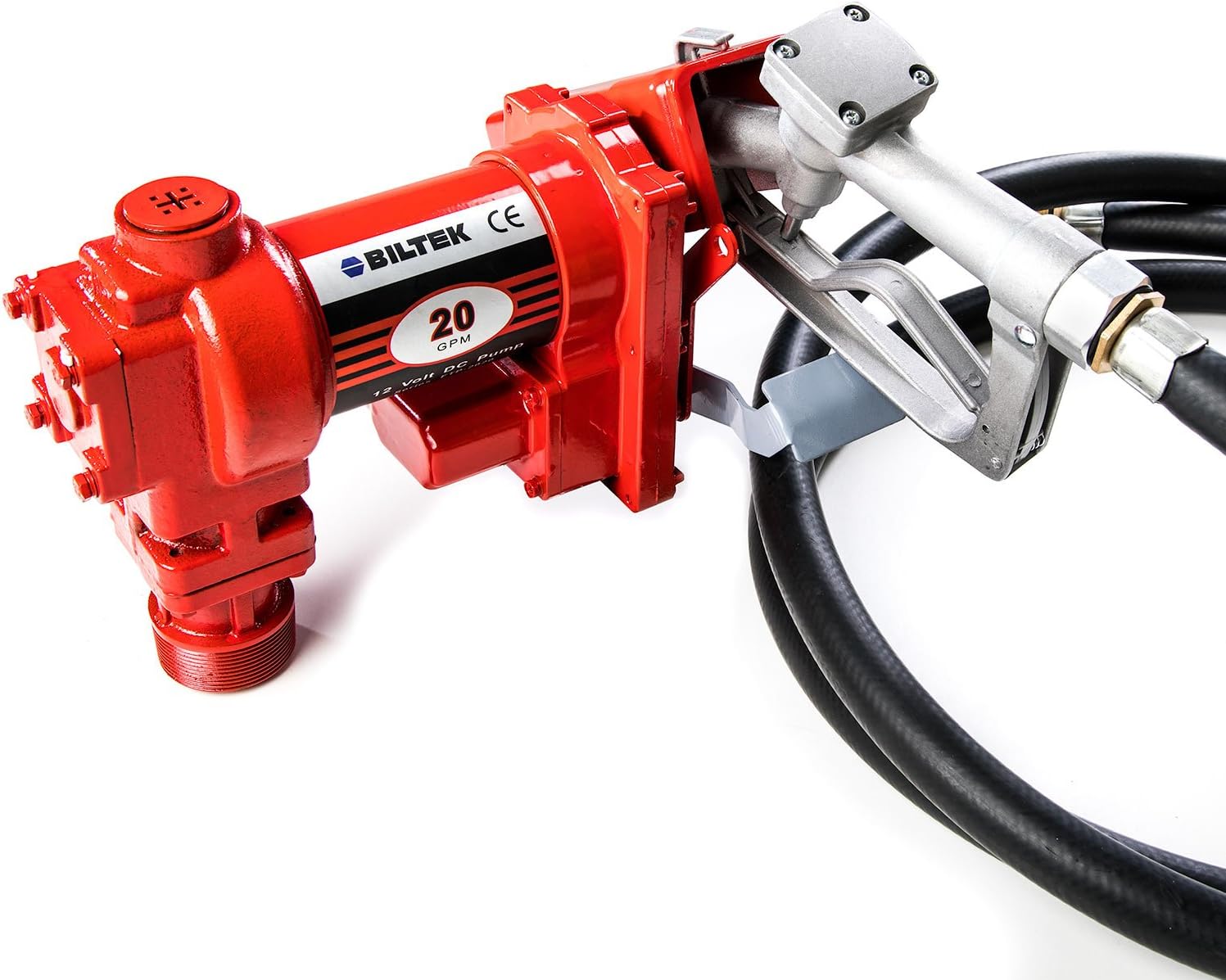 Biltek 12V DC High-Flow 20 GPM Fuel Transfer Pump - Transfer Pump with Fuel Pump Nozzle for Gasoline, Diesel Fuel, Kerosene, Mineral Spirits, Heptane, Hexane, E15, Biodiesel, and Similar Fuels or Oils