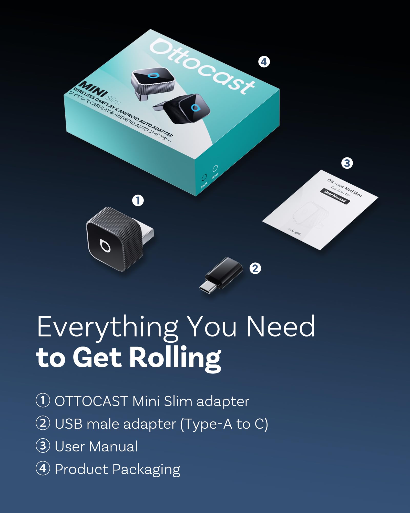 OTTOCAST Mini Slim 2026 Adaptador Inalámbrico CarPlay y Android Auto, Adaptador 2 en 1 para Coches con CarPlay y Android Auto por Cable, Plug & Play, Reconexión Automática