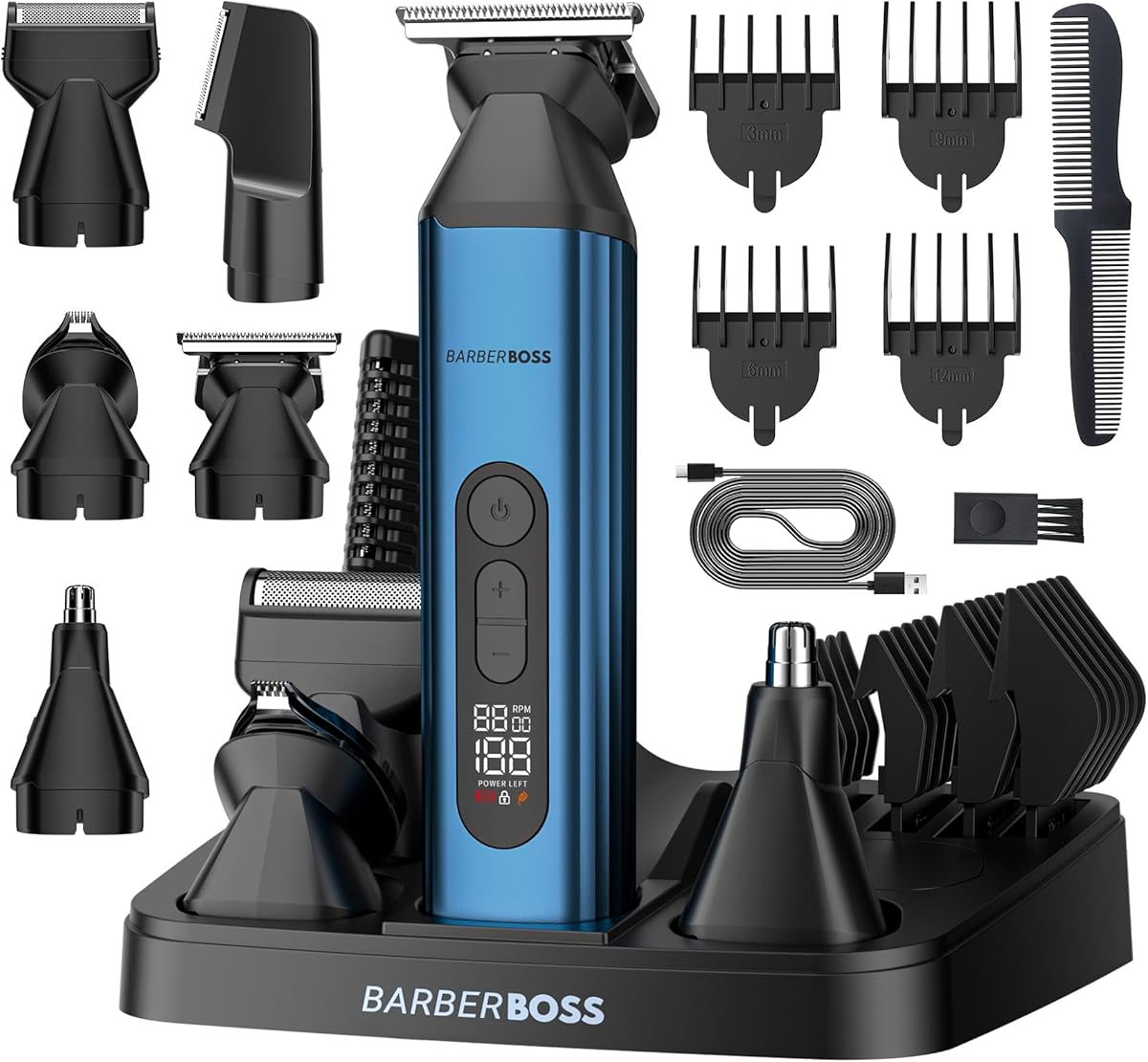BarberBoss 5-in-1 Bartschneider für Männer, Haarschneider, Körperhaarschneider, Nasen und Ohrhaarschneider, Herren-Pflegeset, kabelloser, wiederaufladbarer Haarschneider, Herren-Pflegeset, QR-6020