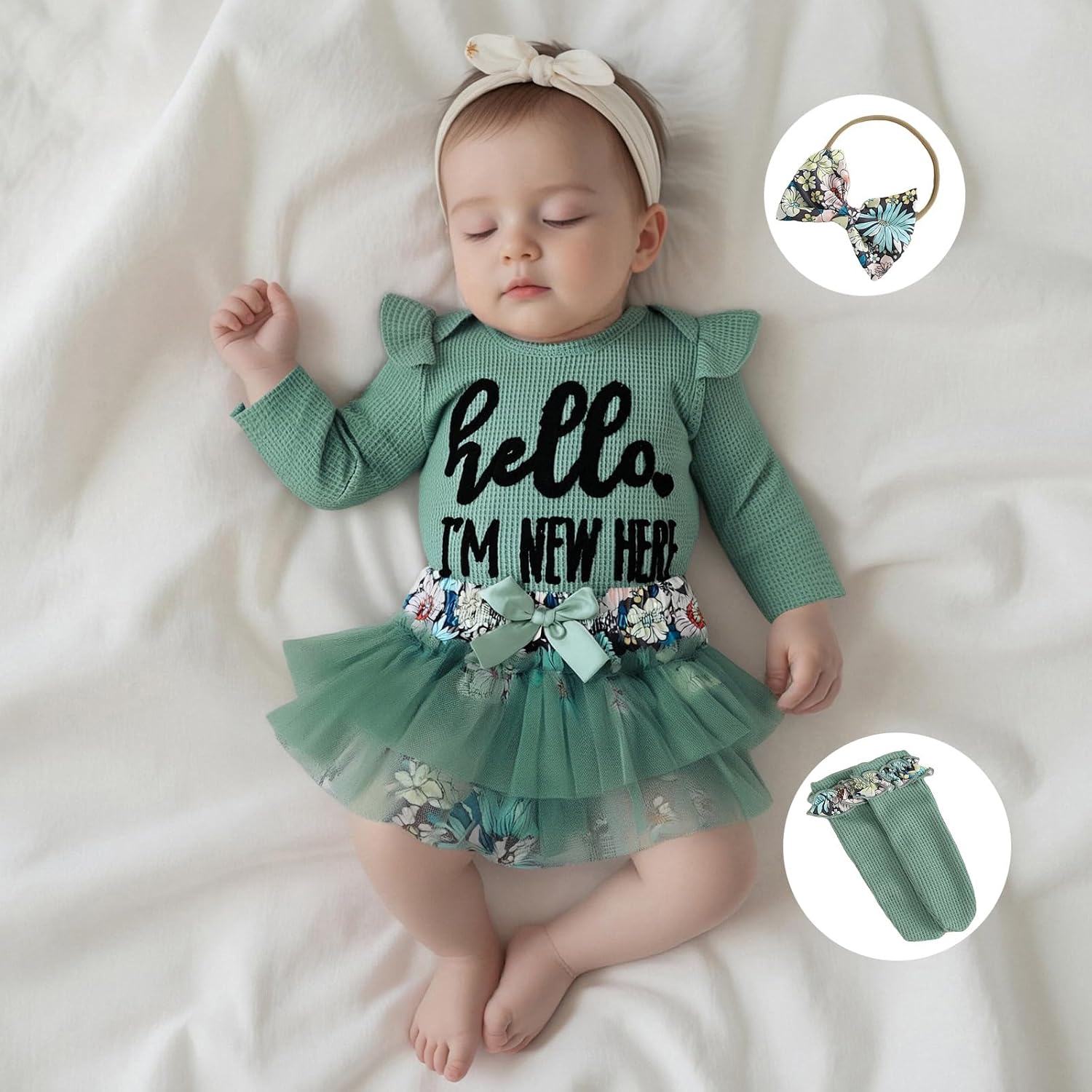 Hello Im New Here Newborn Outfit Infant Baby Girl Going Home Outfits Waffle Romper Tutu Skirts Dress Set With Socks
