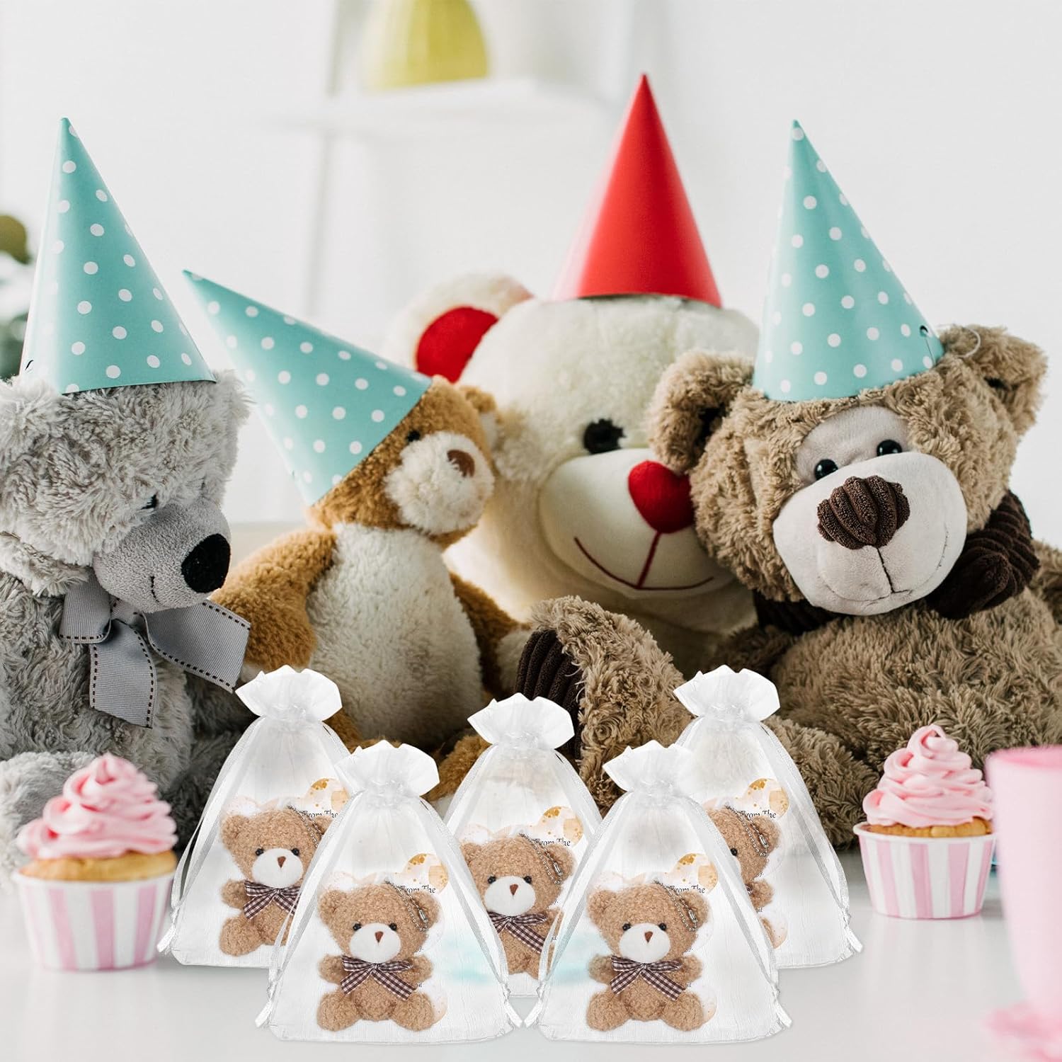 Poen 50 Sets Bear Baby Shower Favors Baby Shower Souvenirs for Guest Return Gifts Includes Small Bears Keychains Thank You Tags and White Organza Bags for Party Supplies