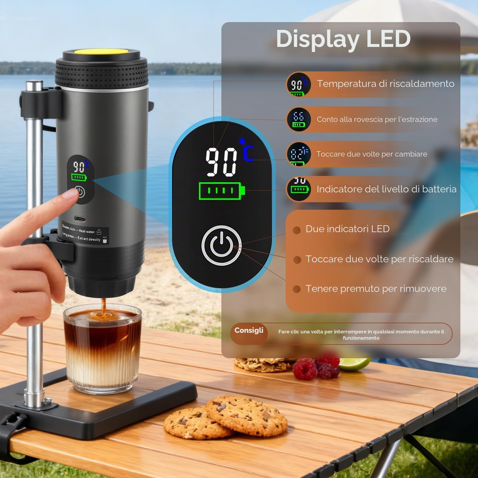 Macchina da caffè portatile 3 in 1 con batteria ricaricabile e auto-riscaldamento USB-C, compatibile con capsule e caffè macinato, mini espresso portatile per campeggio, viaggio, auto, grigio
