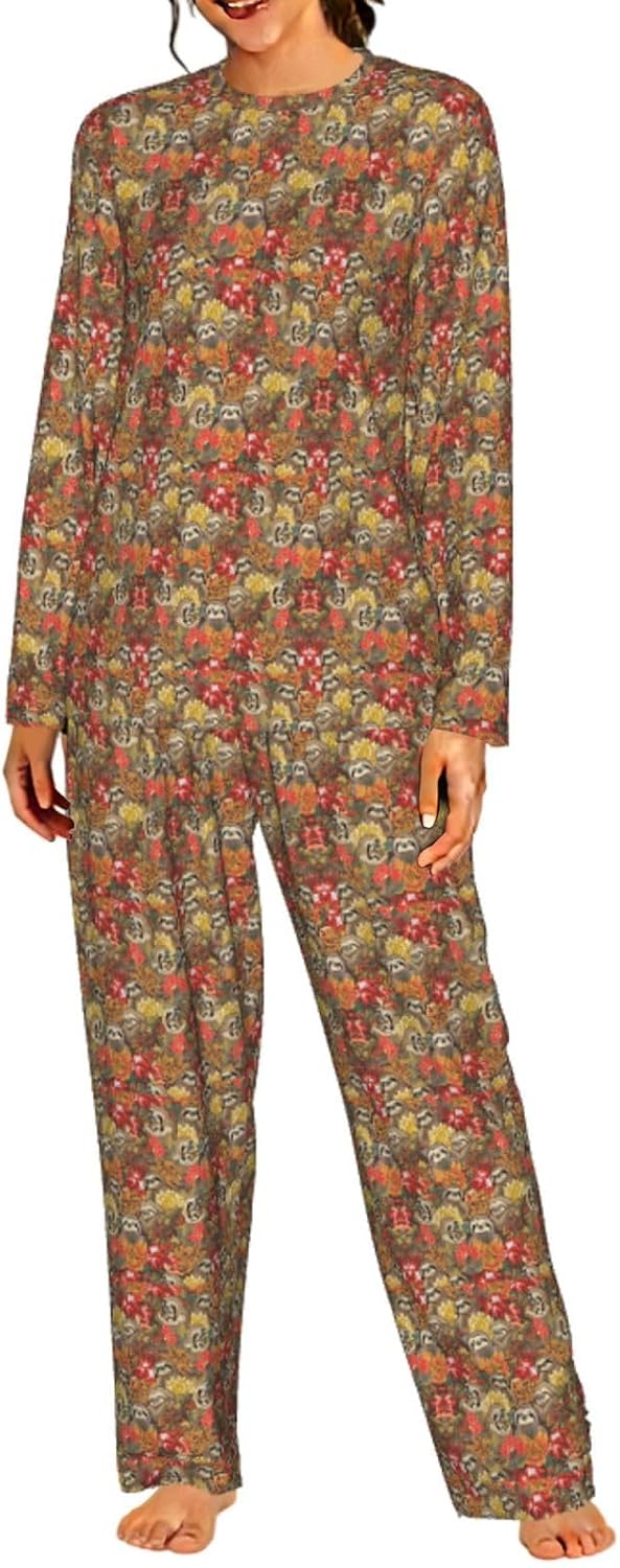 Funny Sloths Print Womens Long Sleeve Matching Pajama Set Pants Holiday For Gift Mom Sister Daughter