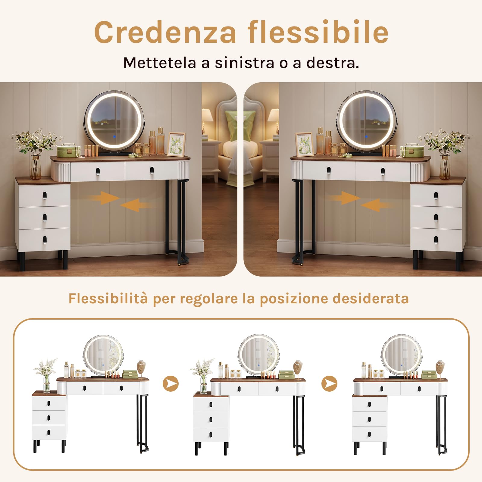 WOLTU Postazione Trucco, Toeletta con Luci Dimmerabili, con Specchio Rimovibile, Consolle da Trucco per Donna, Cassettiera Spostabile
