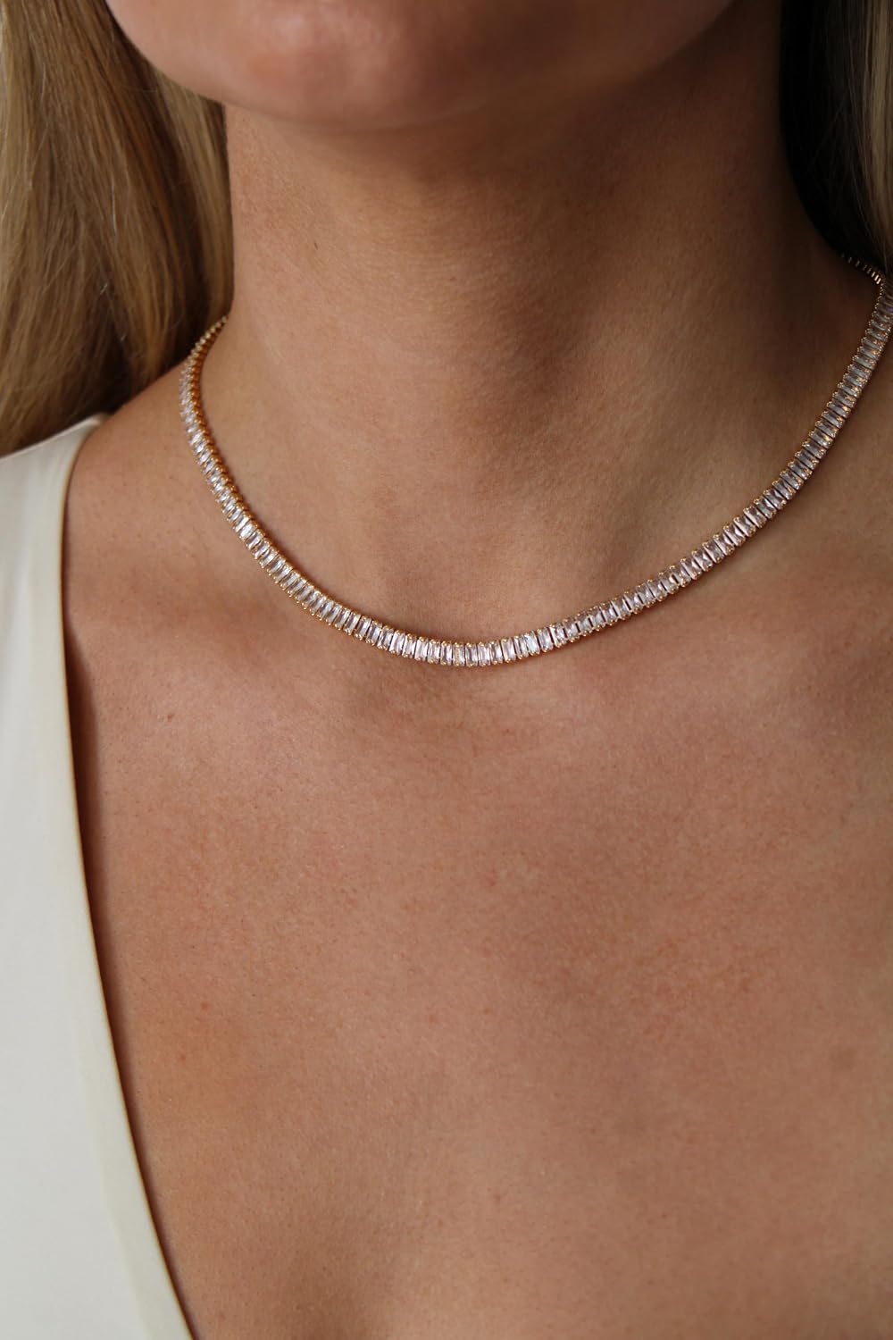 18K Gold Plated Baguette Tennis Necklace for Women - Adjustable CZ Choker Chain with Cubic Zirconia, Tarnish-Free Statement Jewelry Gift