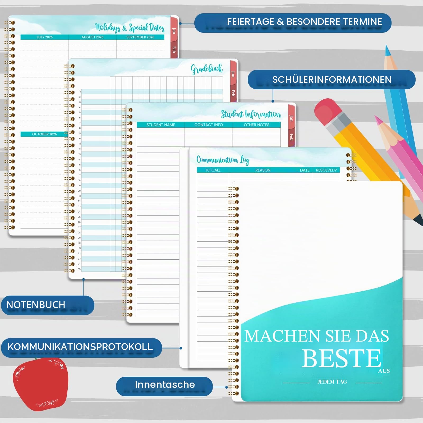 Lehrerplaner 2026–2027, Unterrichtsplaner 2026–2027, 21,6 x 27,9 cm | Juli 2026 - Juni 2027, Akademischer Planer für das Schuljahr, Innentasche, bunte Reiter, Spiralbindung
