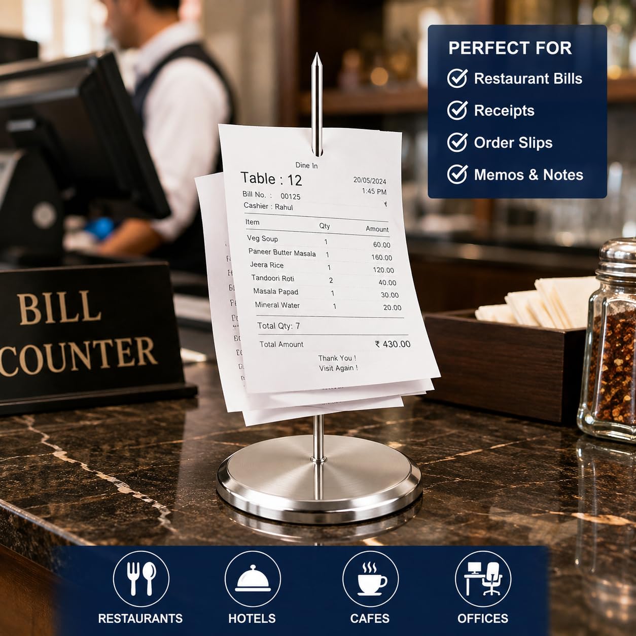 MOREL Stainless Steel Receipt Holder Stand, Straight Rod Bill Spike & Memo Note Holder for Restaurant, Hotel, Cafe, Office & Token Coins, Round Base, Pack of 3 4